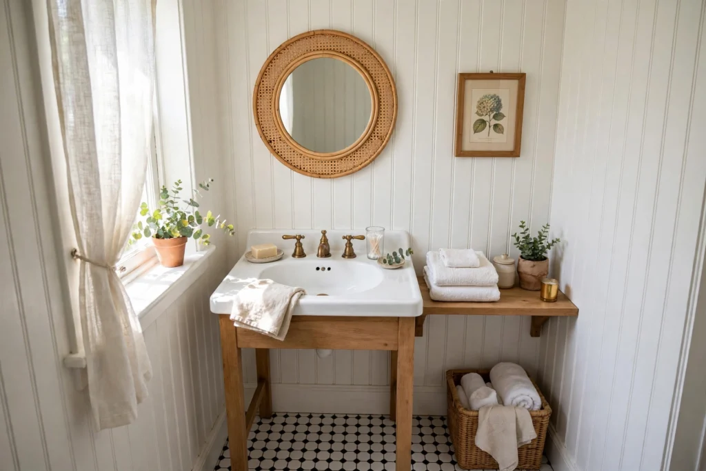 Full-height white beadboard walls in a small bright cottage bathroom