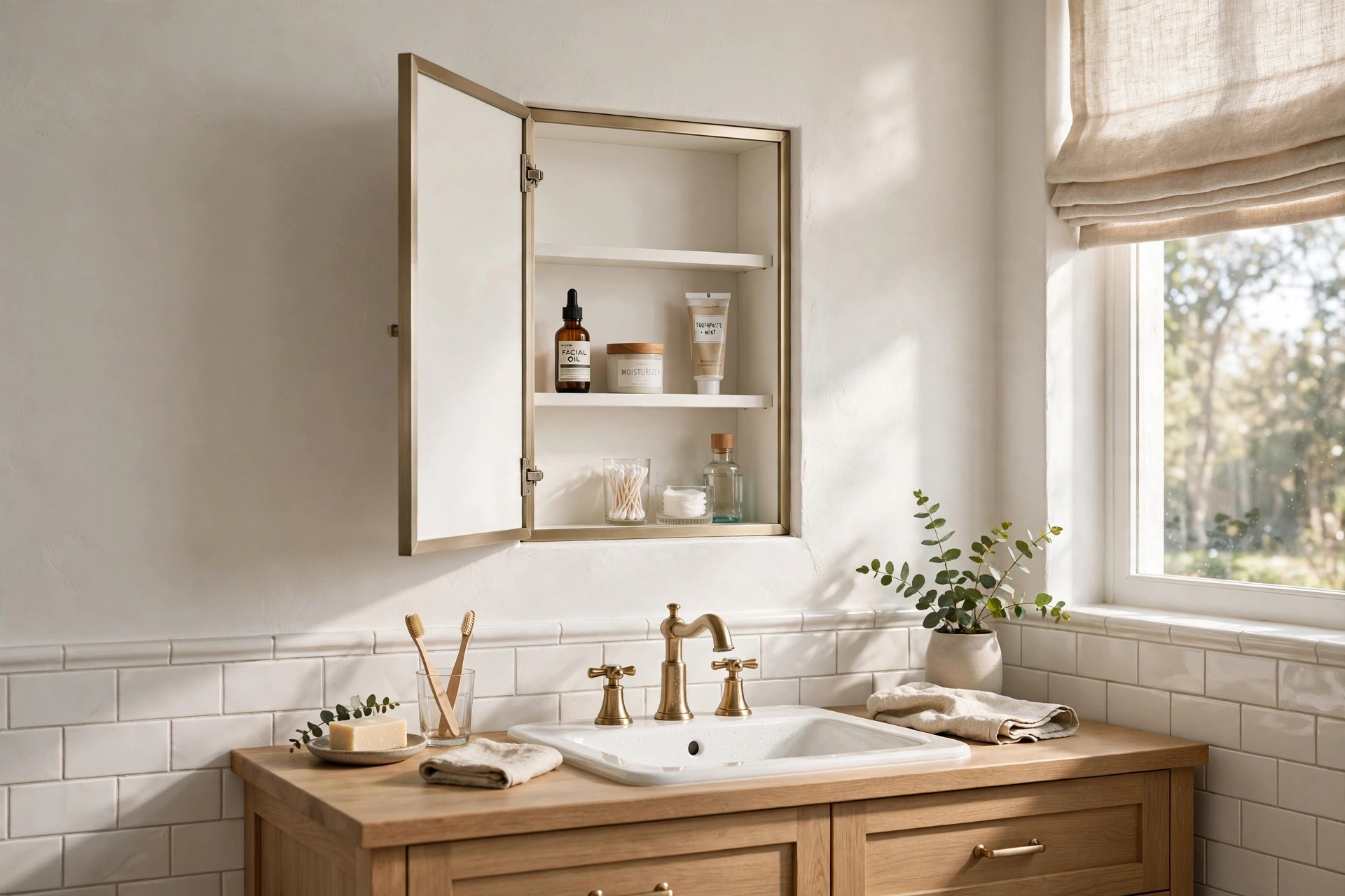 Recessed medicine cabinet flush with the bathroom wall above the sink
