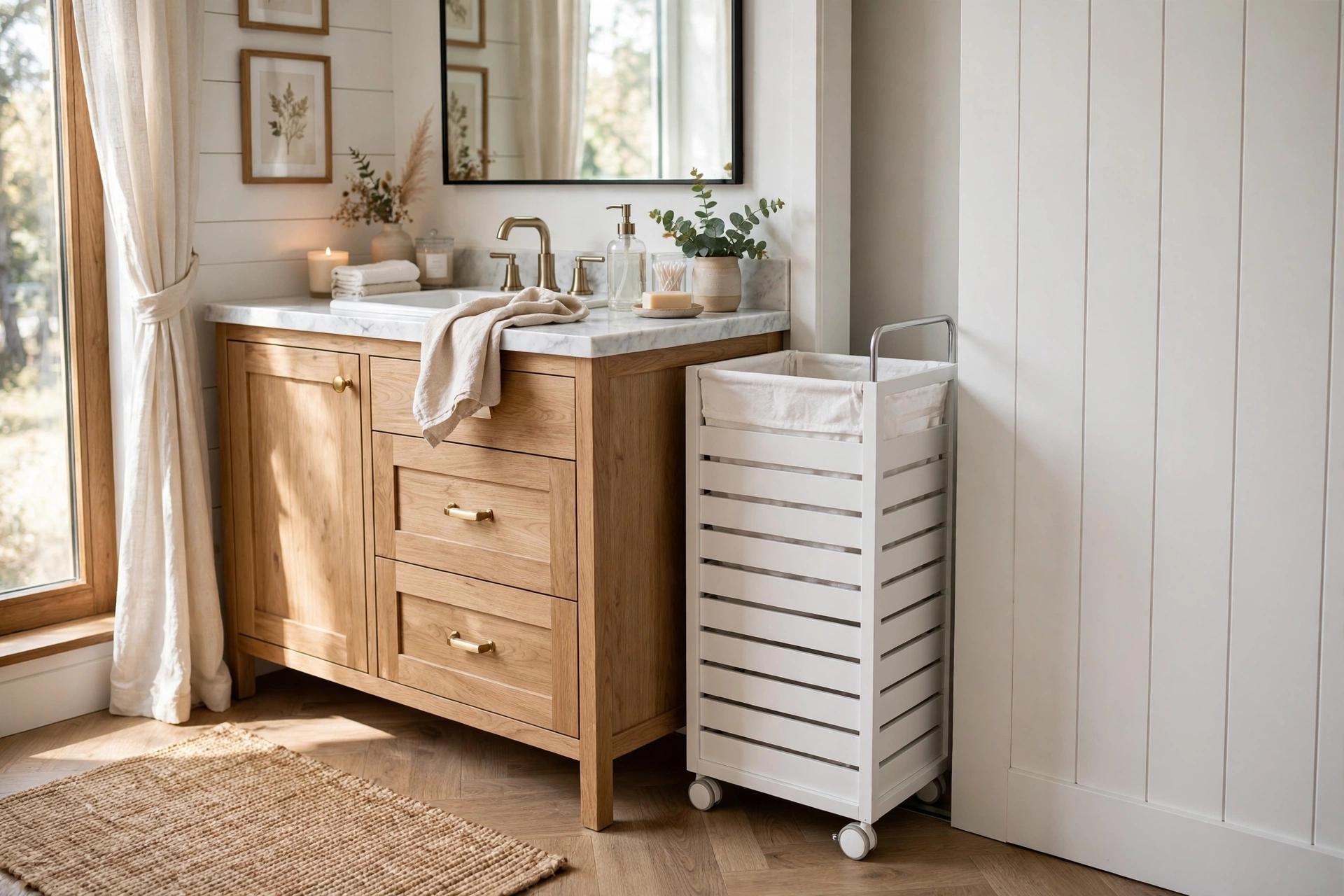 Slim white rolling hamper sliding into the narrow gap beside a bathroom vanity