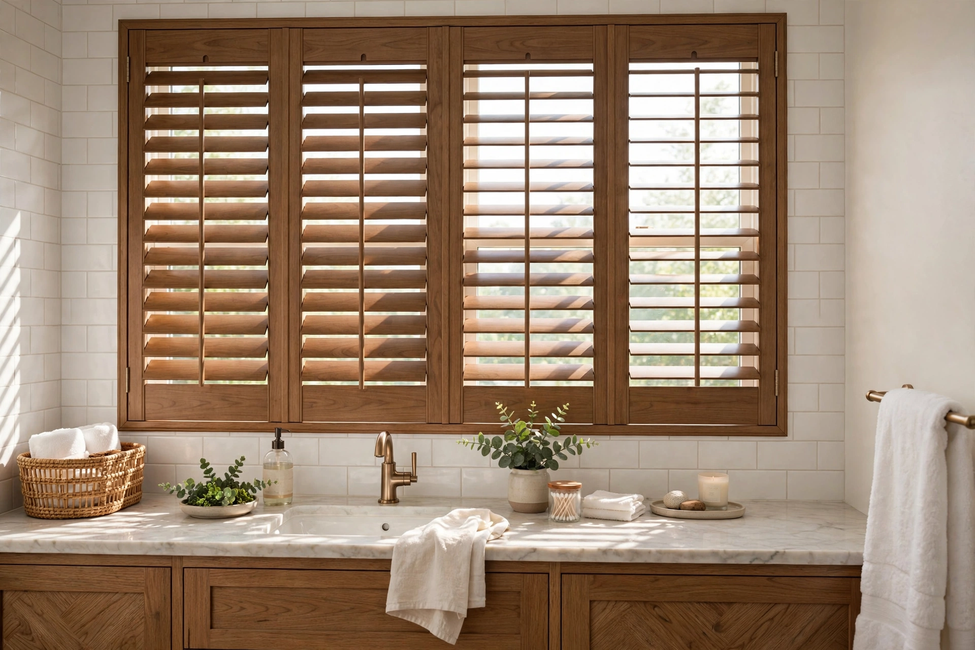 Faux-wood plantation shutters with adjustable louvers on a bathroom window