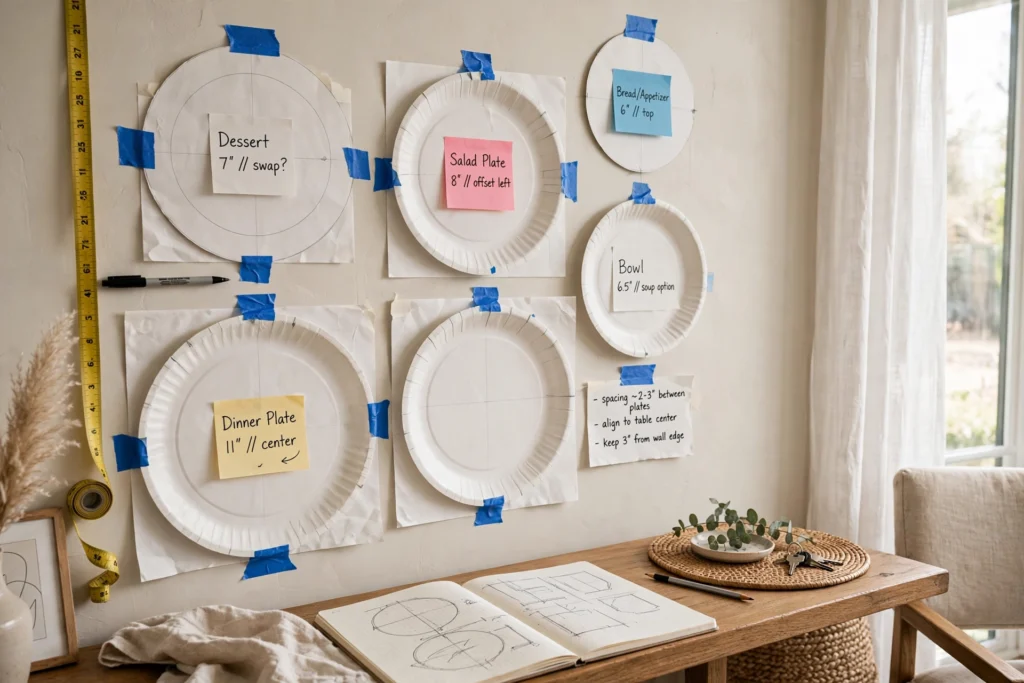 Paper plate templates taped on a dining room wall for planning a plate arrangement