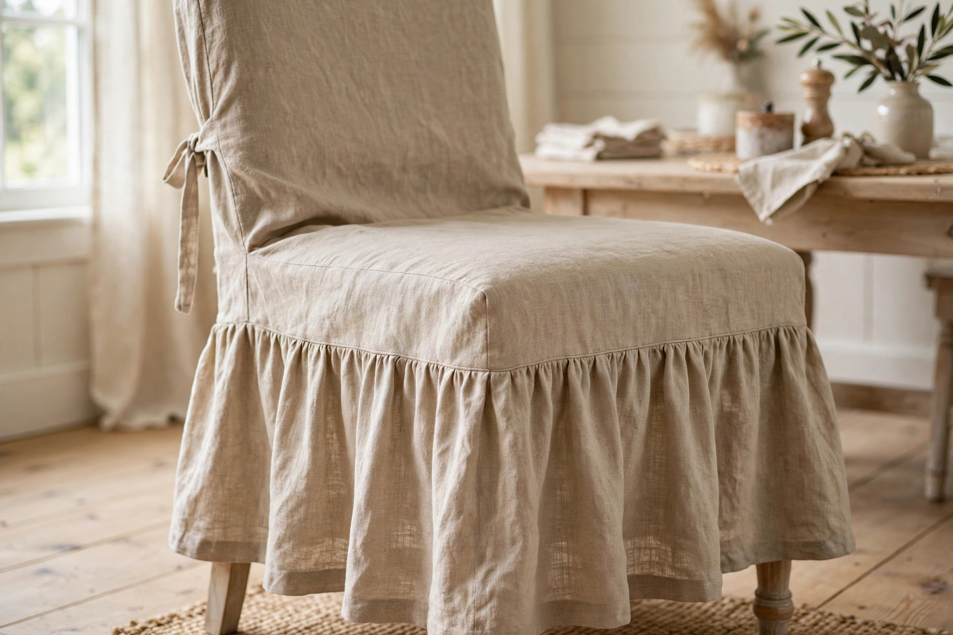 Natural linen skirted slipcover with soft drape on a farmhouse dining chair