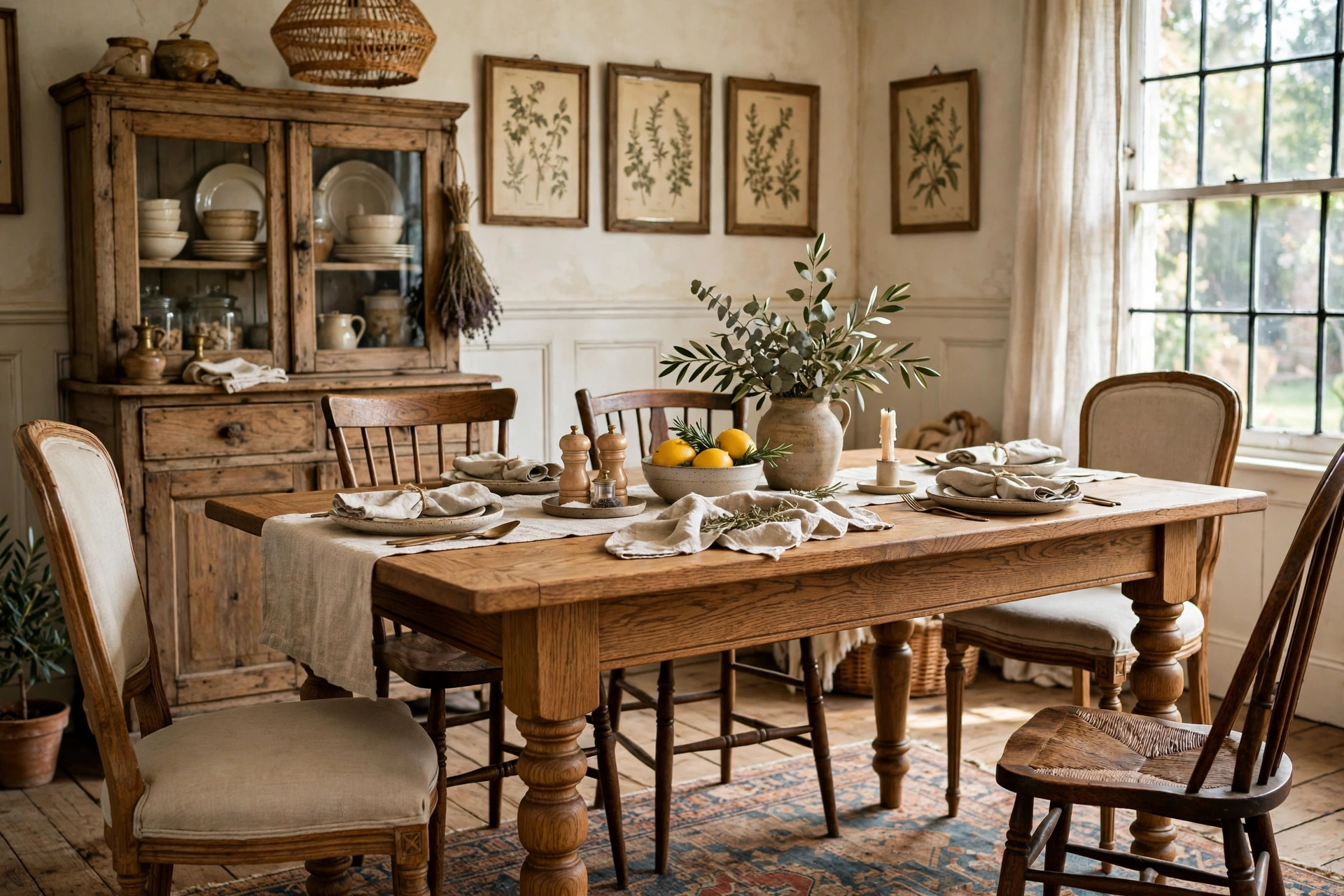 Solid oak farmhouse dining table with turned legs in a vintage dining room