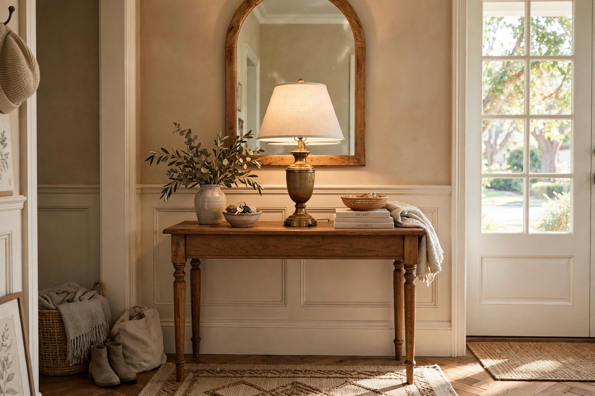 Properly scaled table lamp on a wooden console table in a welcoming foyer