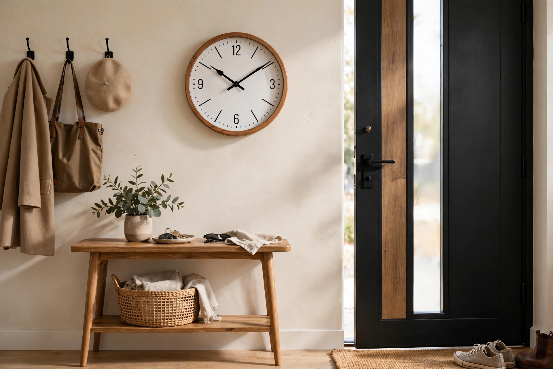 Round wall clock hung at eye level on an entryway wall near the front door