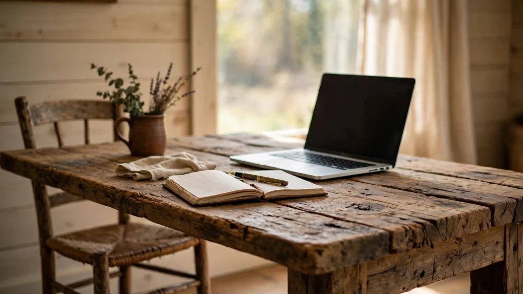 Reclaimed wood desk as the centerpiece of a farmhouse home office
