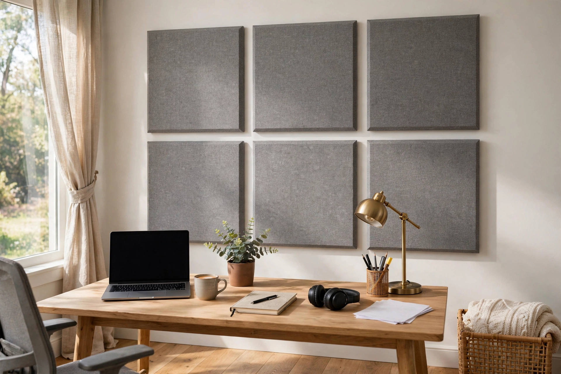 Gray fabric-wrapped fiberglass acoustic panels mounted on a home office wall