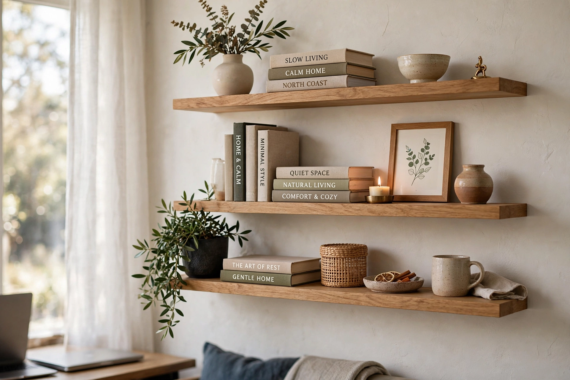 Floating shelves styled with books and decor in a video call background