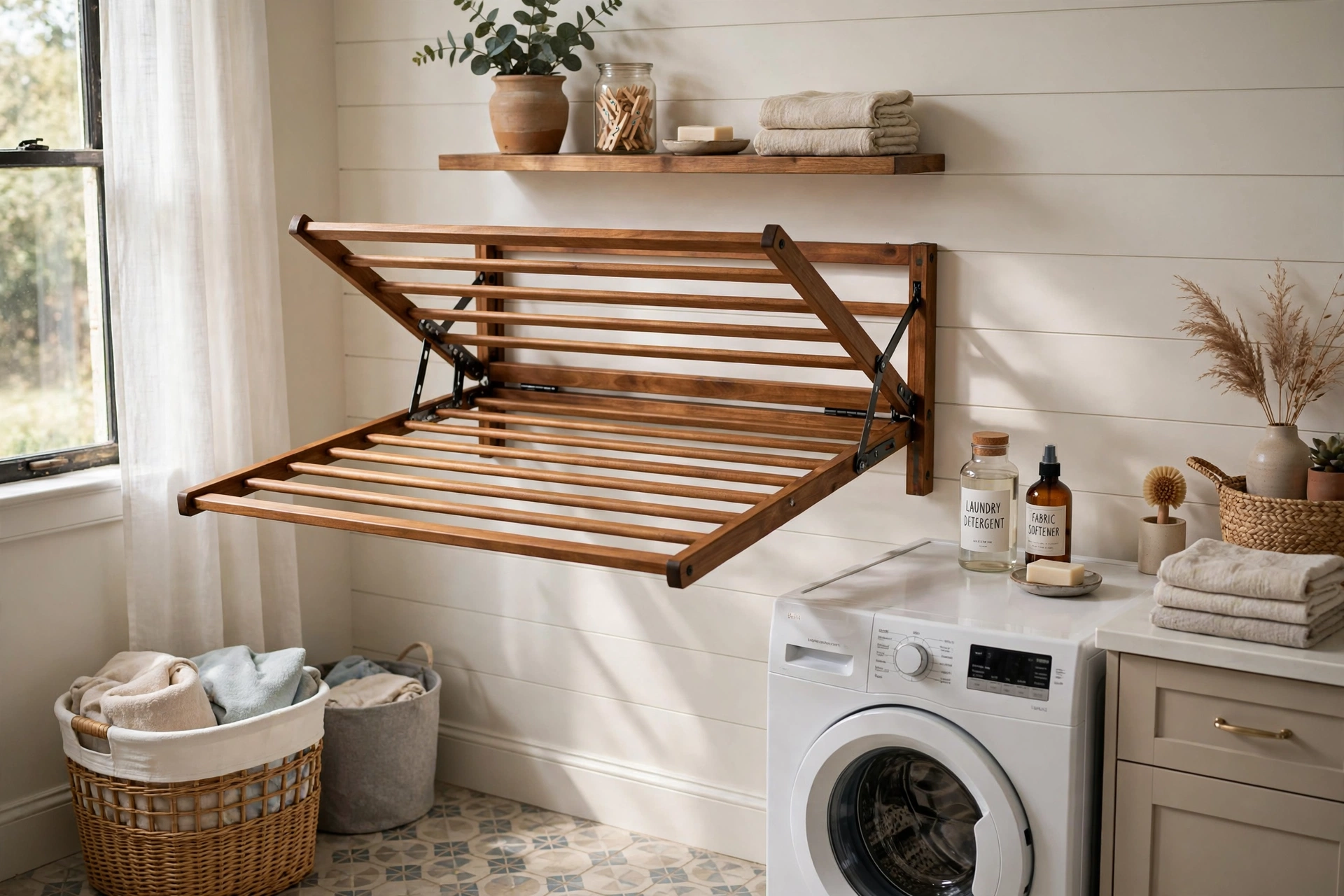 Wooden fold-down drying rack mounted on a laundry room wall