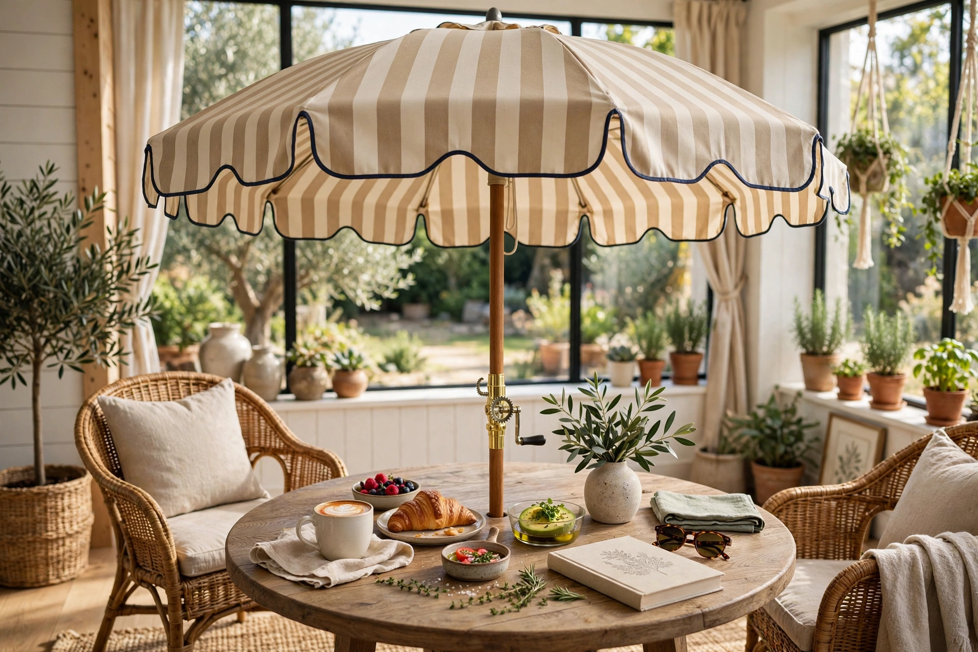 Classic market umbrella with crank lift over a round patio table