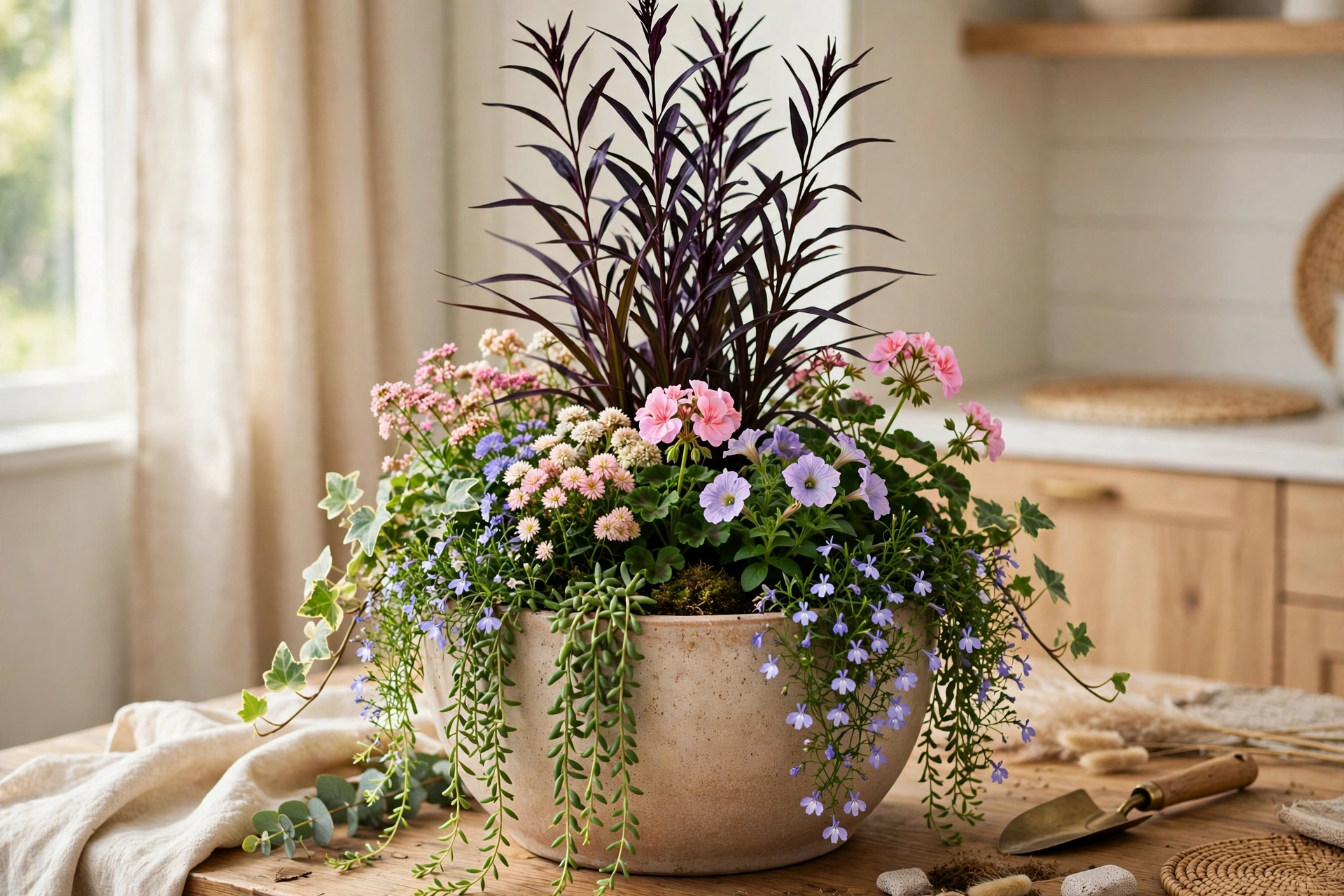 Container planted with thriller, filler, and spiller flowers in layers