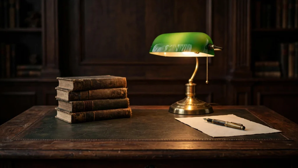 Dark walnut writing desk with leather inlay and glowing green banker's lamp in a moody study