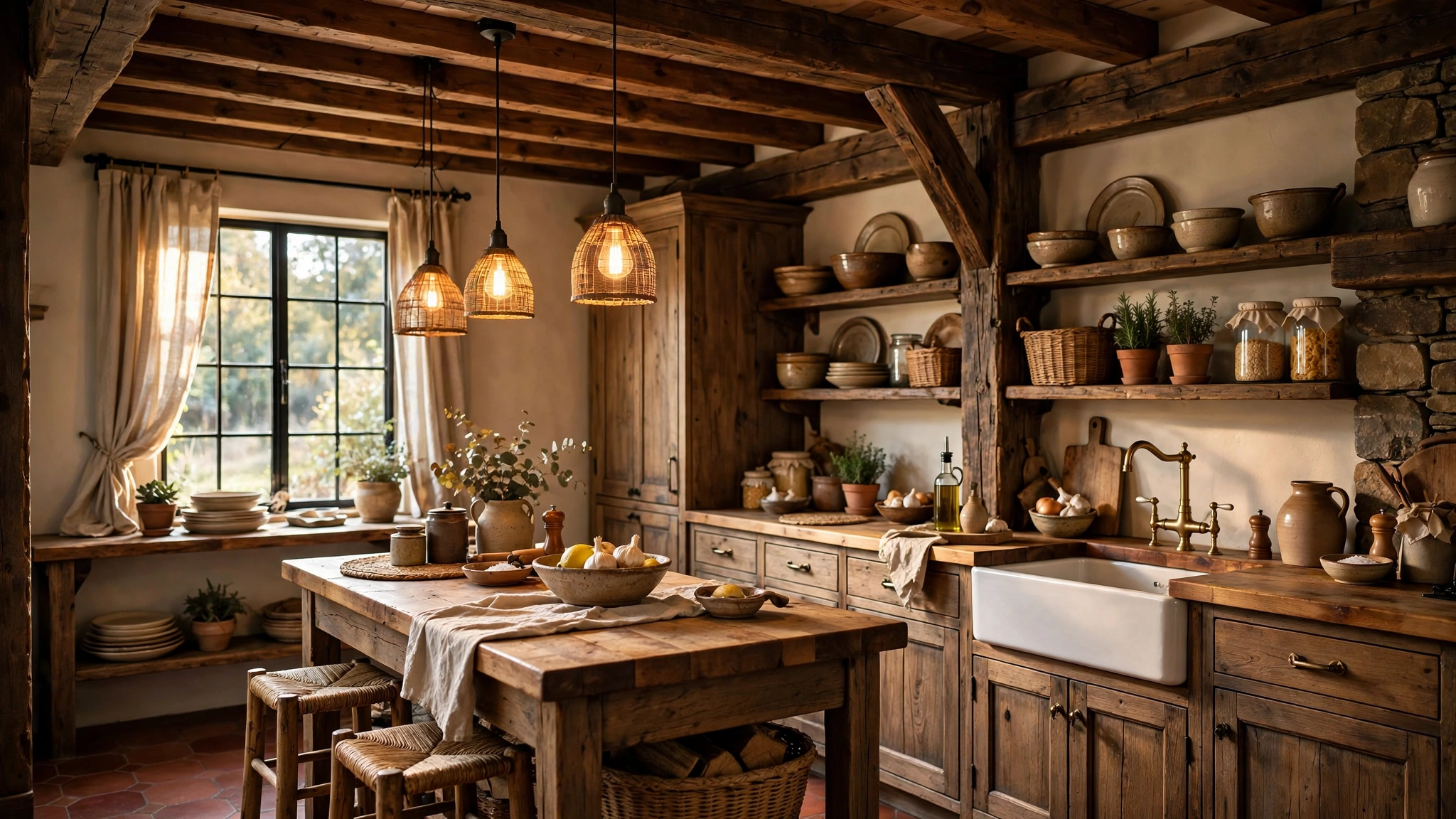 Rustic kitchen with exposed dark wood ceiling beams and warm lighting