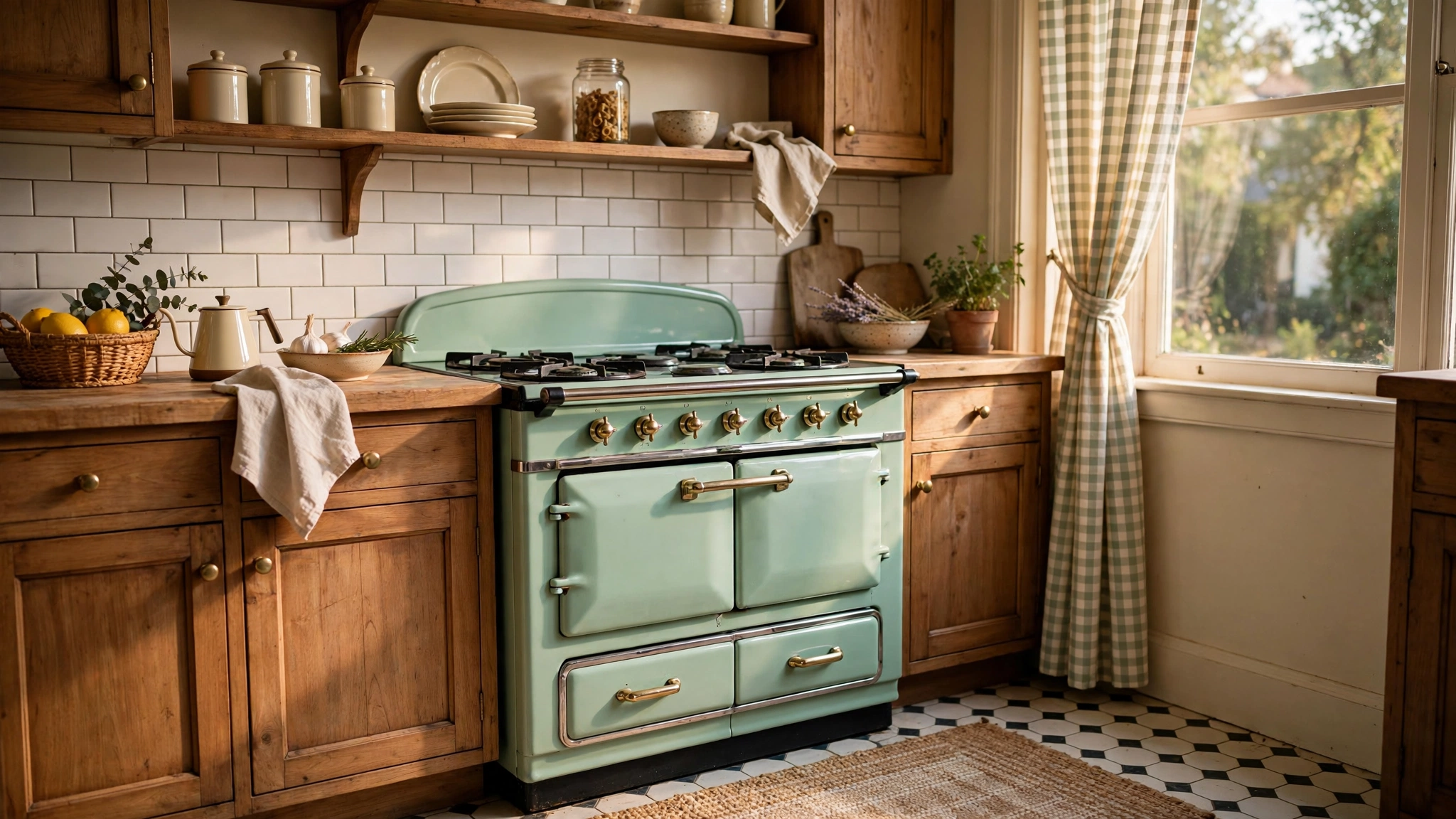 Vintage style enamel range cooker in mint green in a retro kitchen