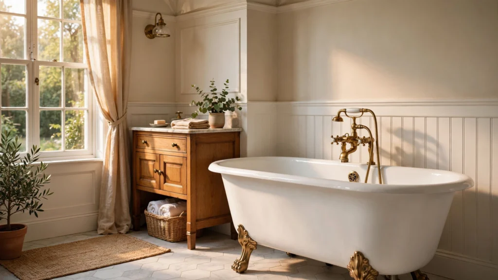 White cast iron clawfoot tub with vintage style fixtures in a classic bathroom