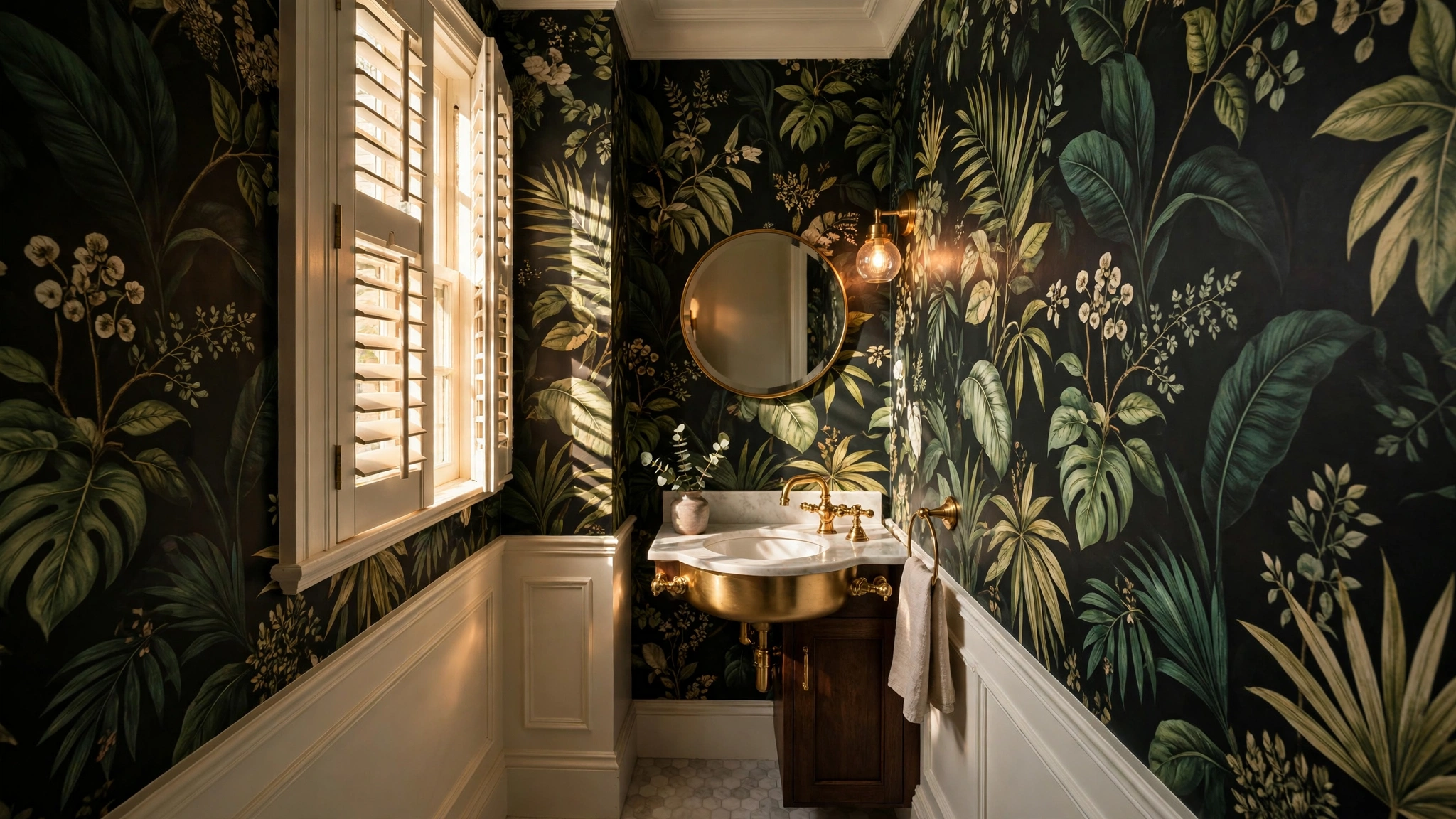 Dramatic botanical wallpaper making a big impact in a small powder room