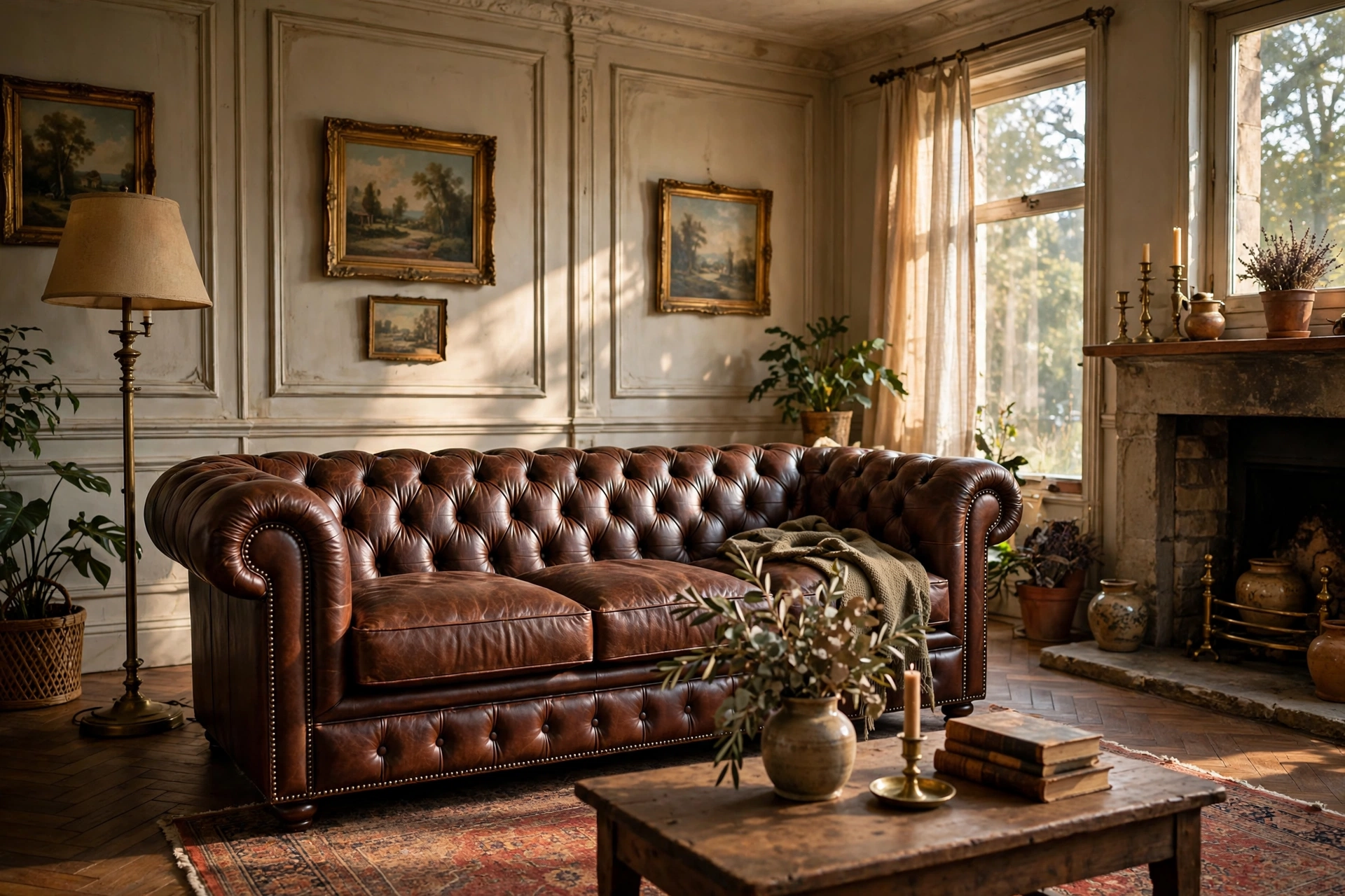 Chesterfield style tufted leather sofa in a vintage living room