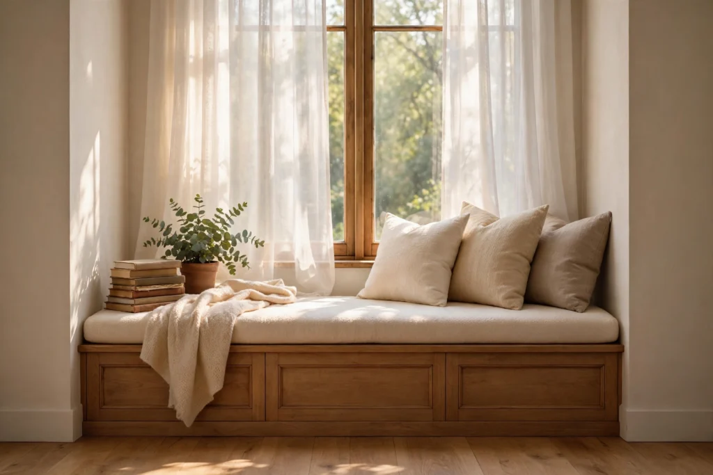 Cozy reading nook with built-in window seat, cushions and pillows in warm sunlight