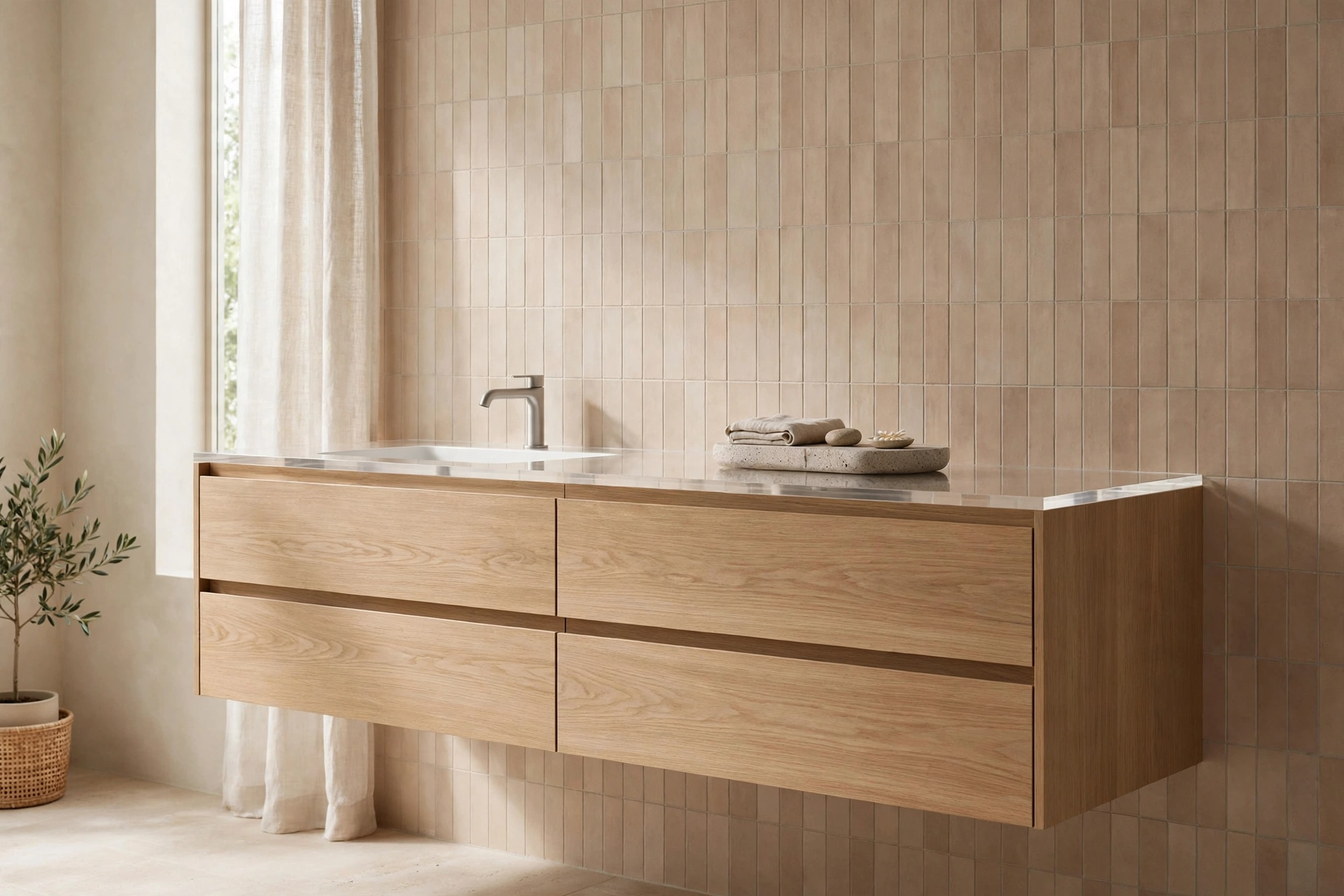 Floating light-oak vanity with slab-front drawers in a Japandi bathroom