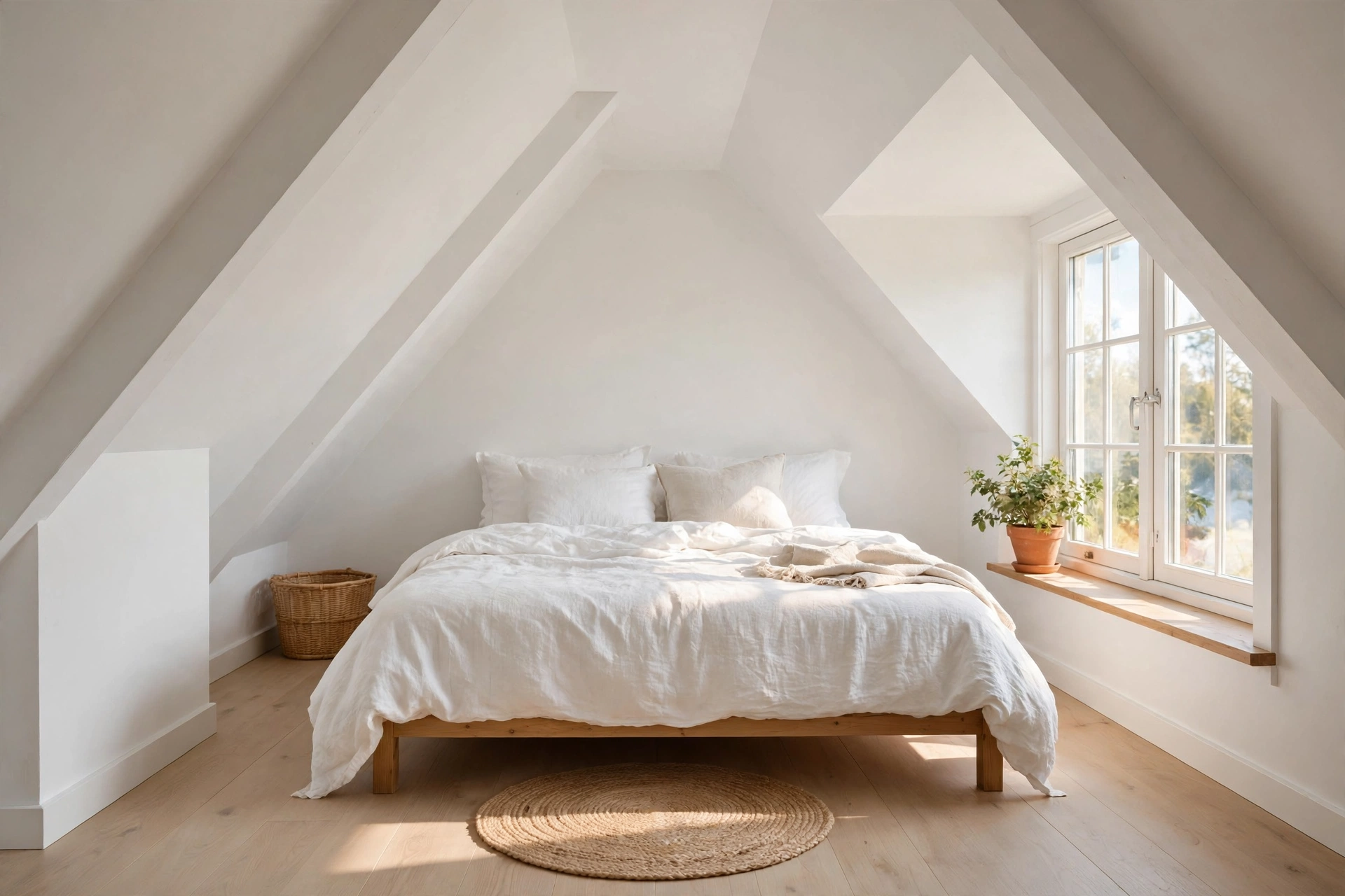 Bright attic bedroom design with white painted sloped ceilings and simple wooden bed