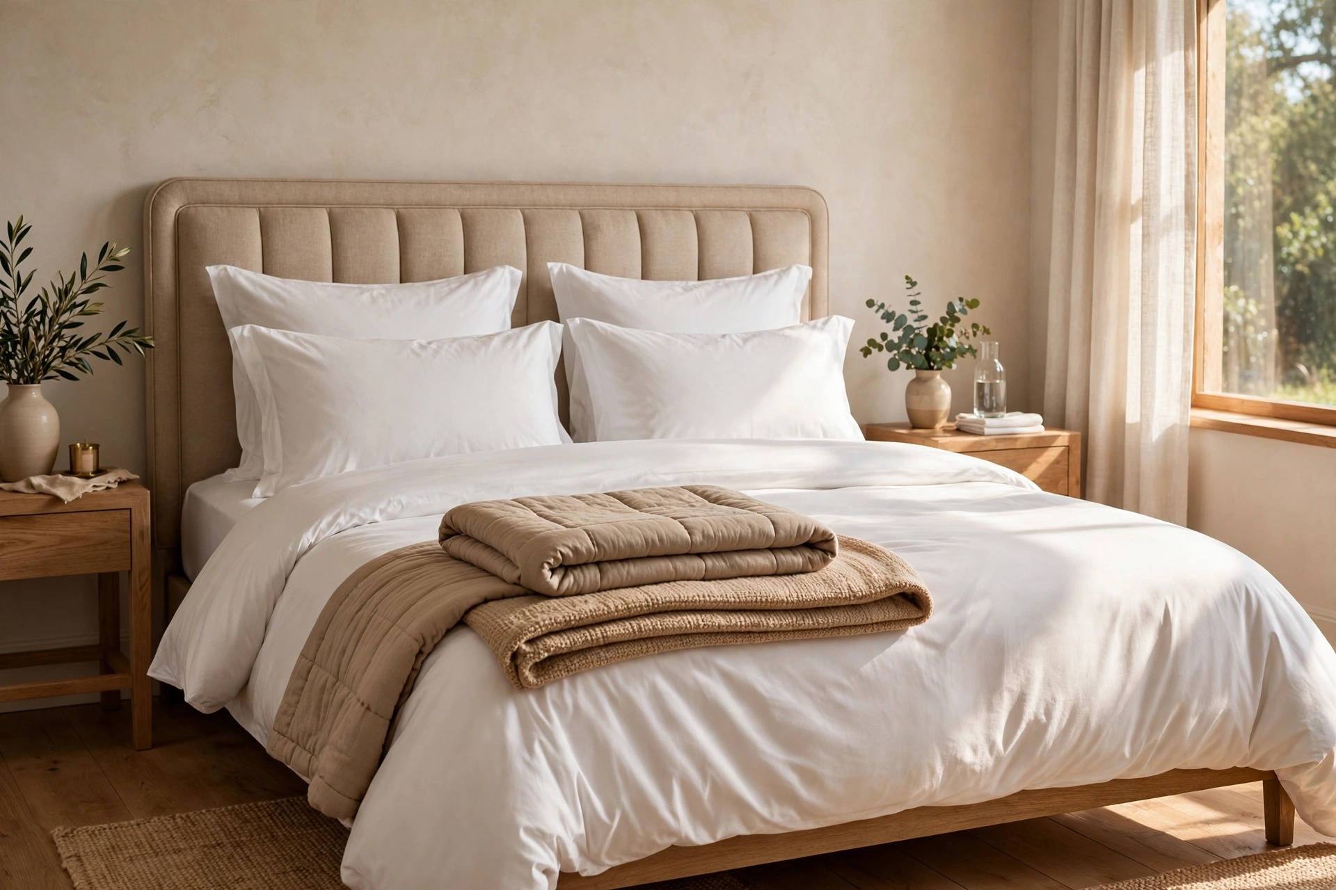 Guest bedroom design ideas with hotel-quality layered bedding in crisp white and soft throws