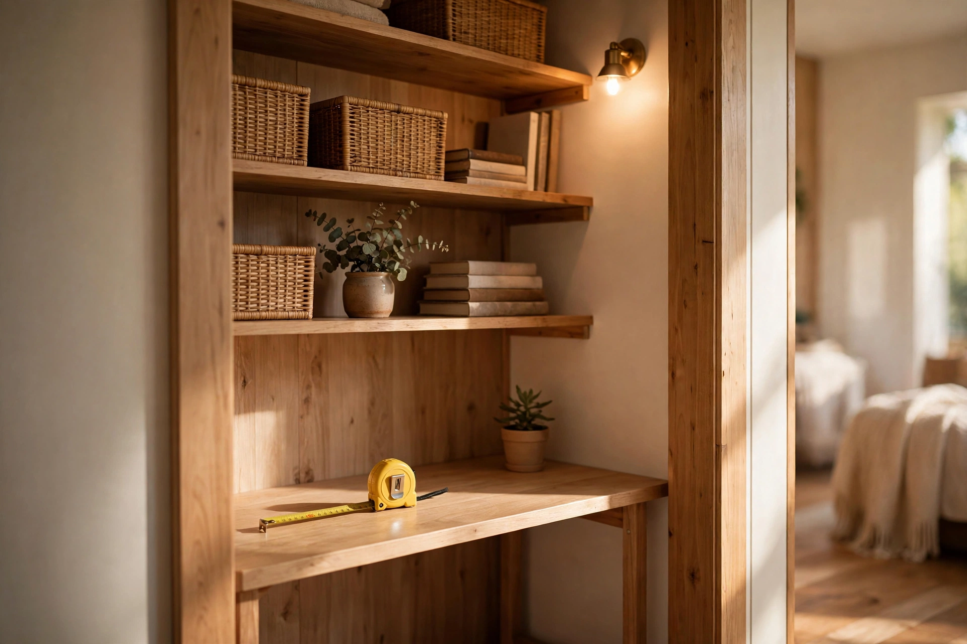 Slim wooden desk fitting neatly inside a reach-in closet office with a tape measure on top