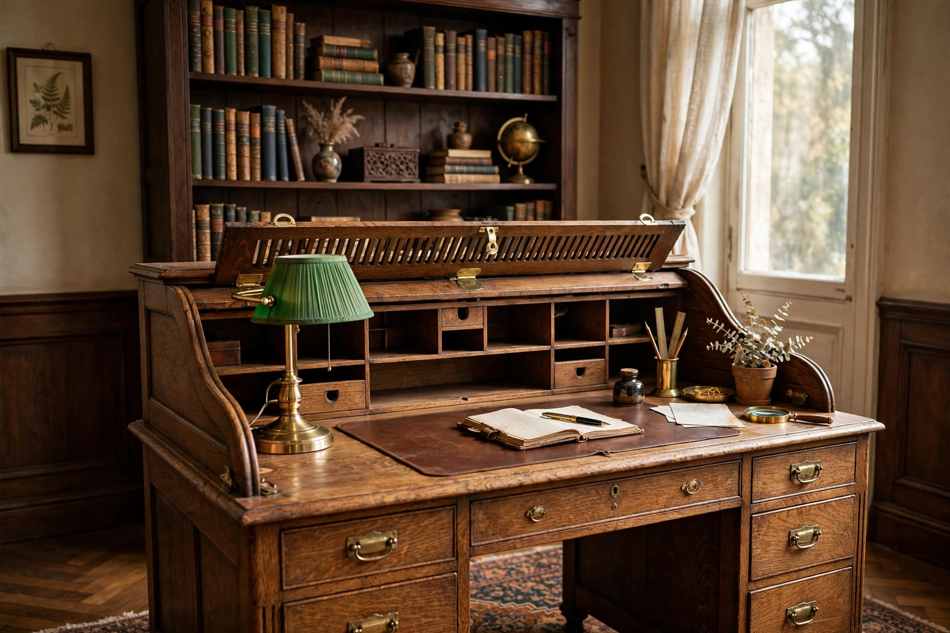 Antique oak roll-top desk as the centerpiece of a vintage home office