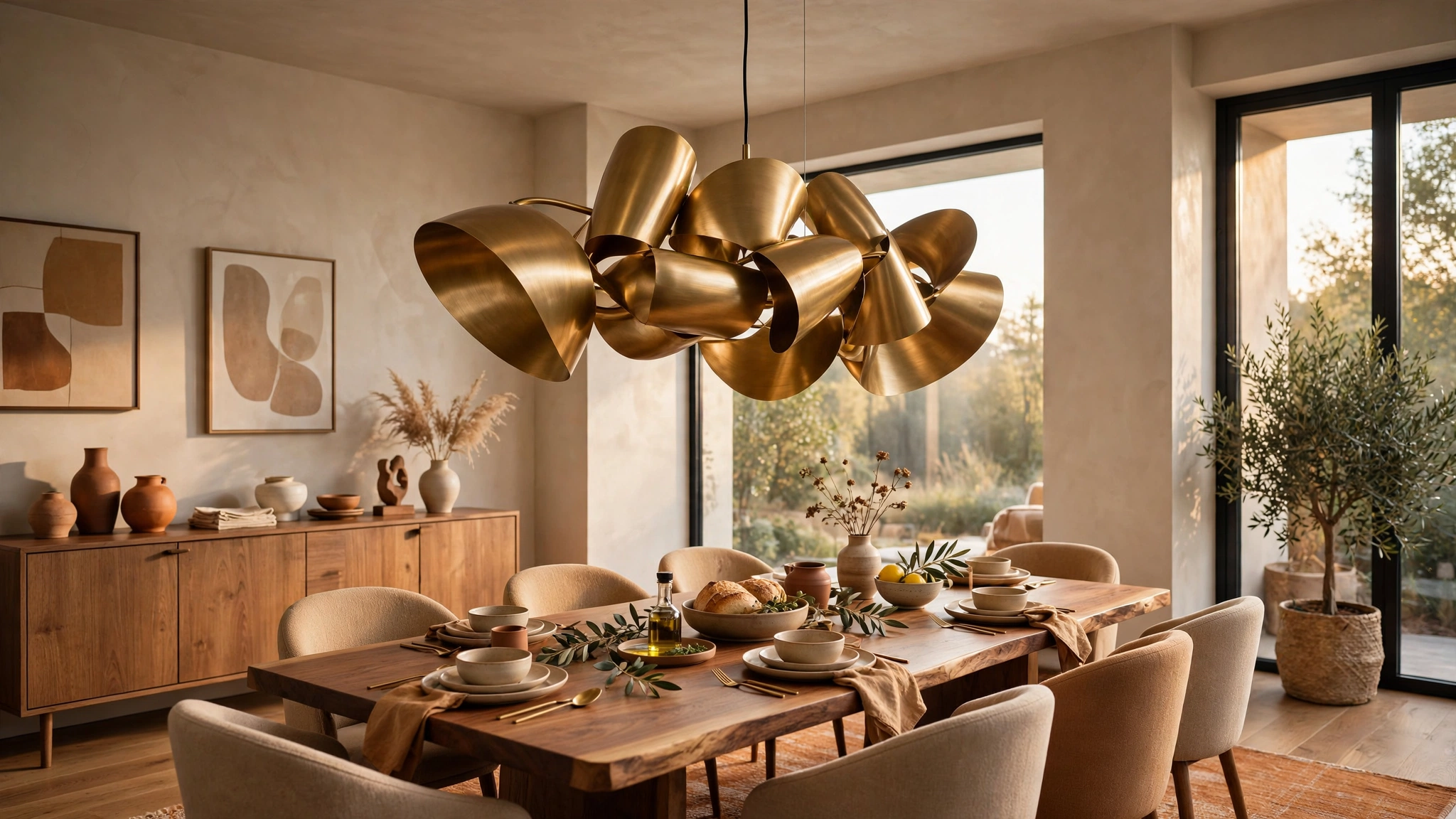 Modern dining room with a large sculptural brass pendant light hanging over the dining table