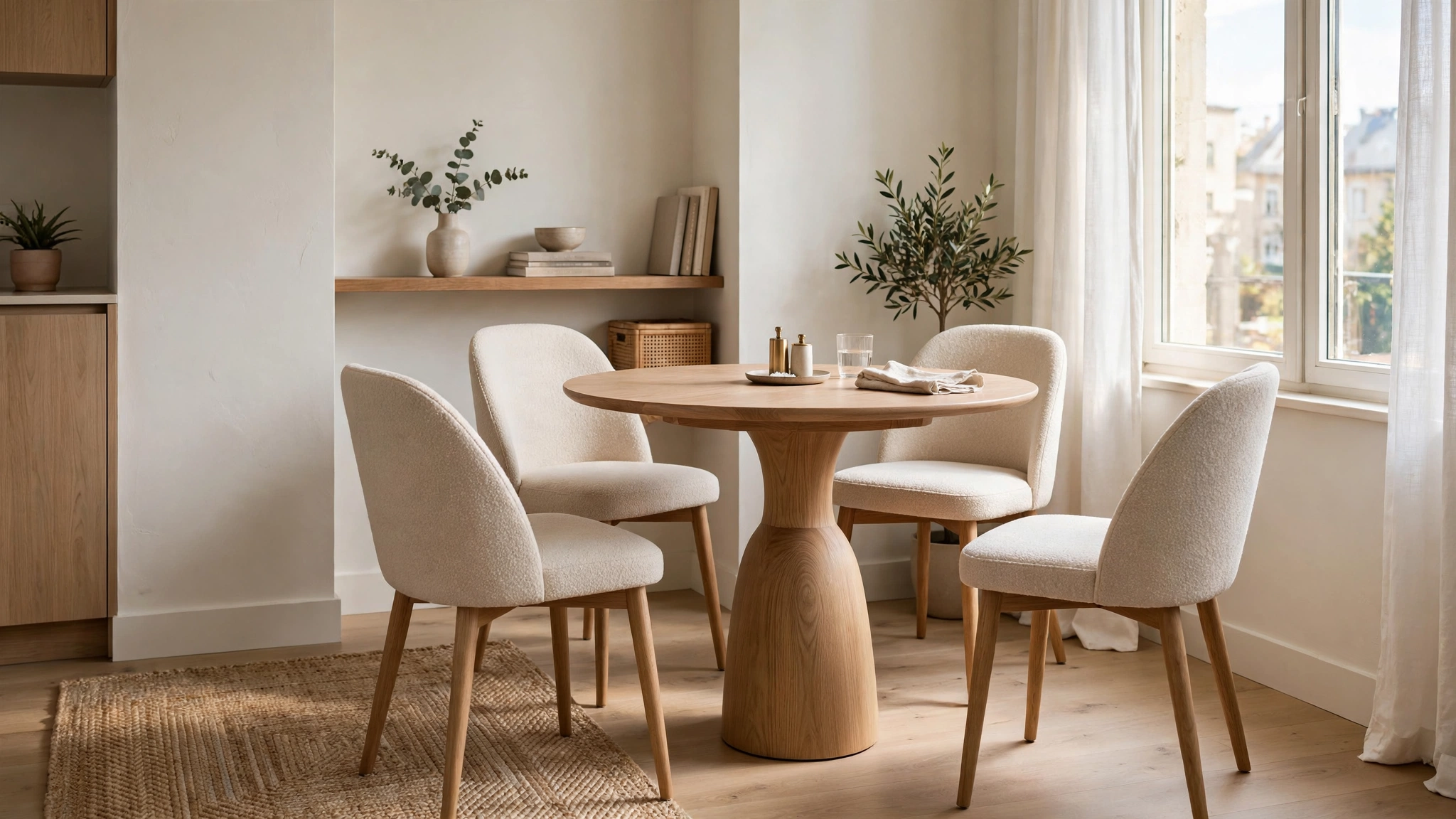 Round pedestal dining table with four chairs in a compact dining corner