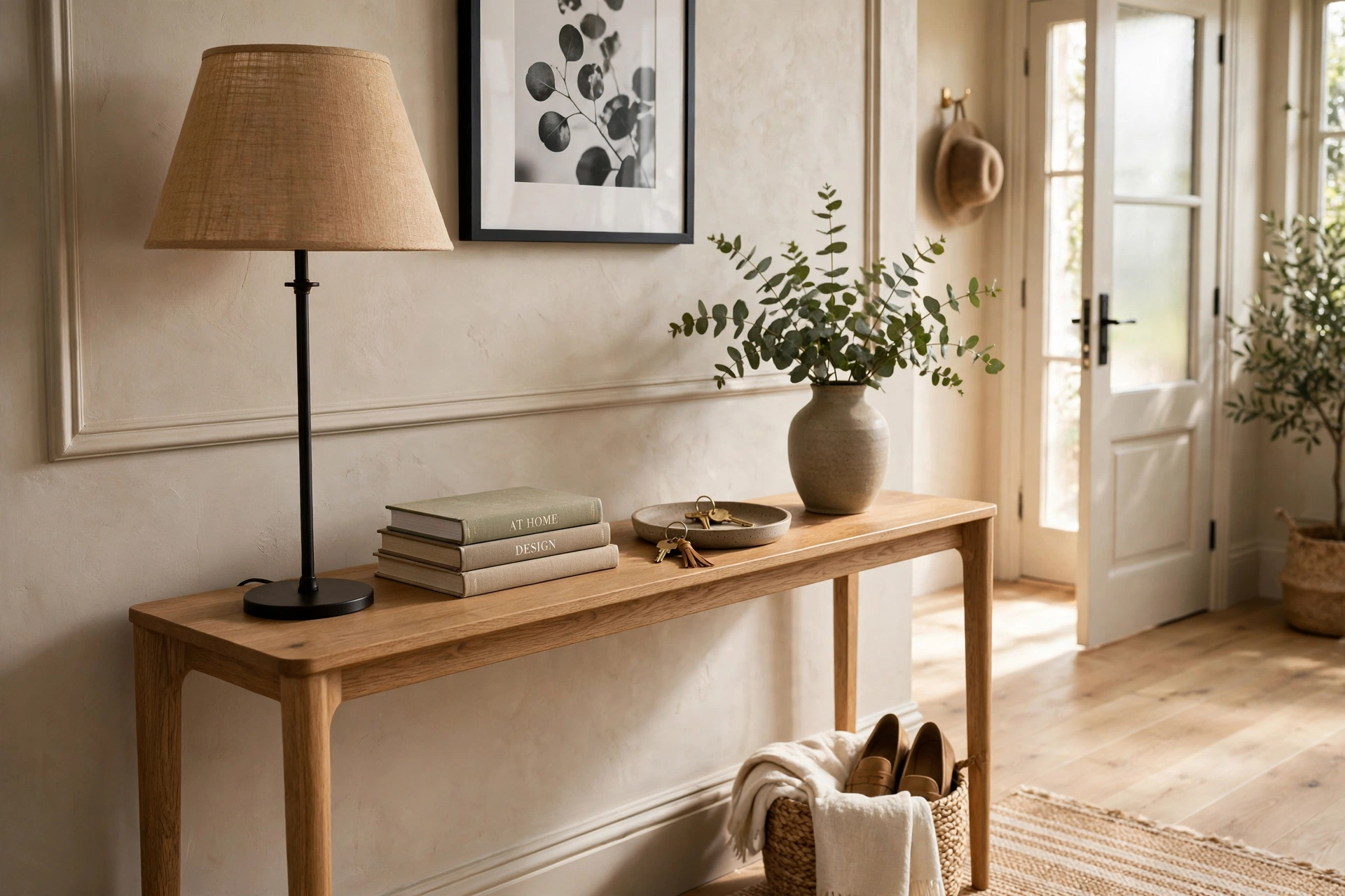 Slim console table styled with a lamp, vase of branches, stacked books, and a key tray in a warm entryway
