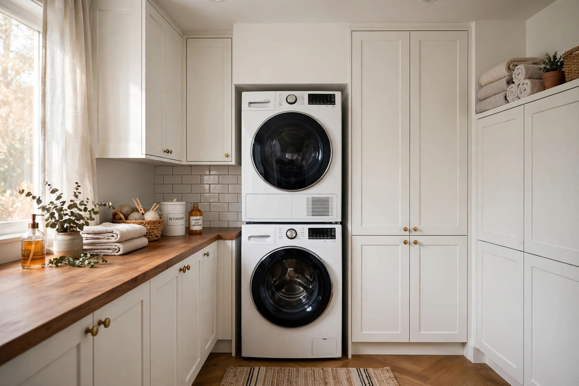 Stacked washer and dryer in a small laundry room with white shaker cabinets and brass hardware