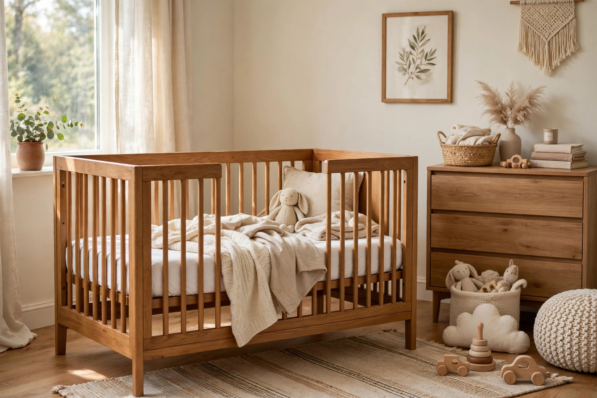 Wooden convertible crib in a nursery with a white fitted sheet and soft bedding accents
