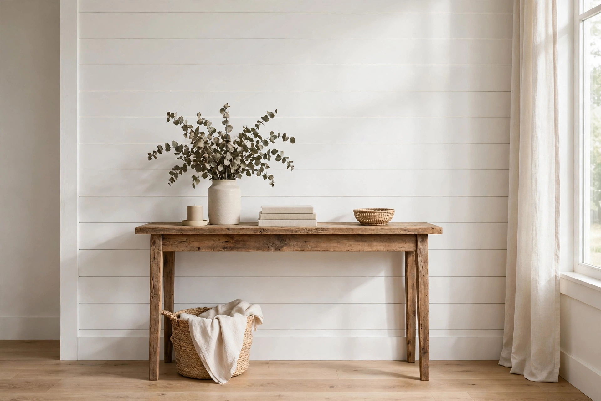 White shiplap accent wall behind a rustic console table in a farmhouse living room