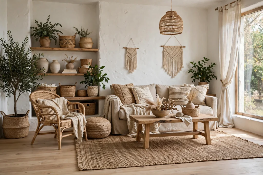 Boho living room design ideas with white walls, jute rug and natural textured base