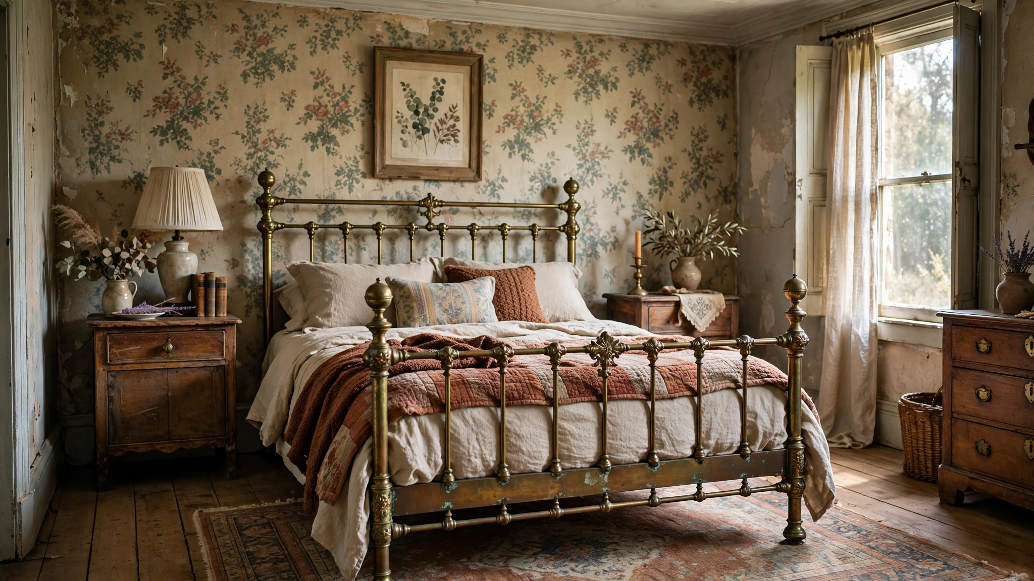 Vintage bedroom design ideas with an antique brass bed frame as the room centerpiece