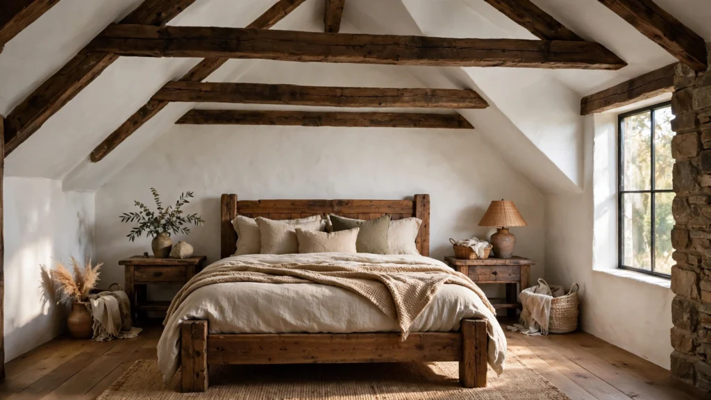 Rustic bedroom design ideas with exposed dark wood beams across a white ceiling