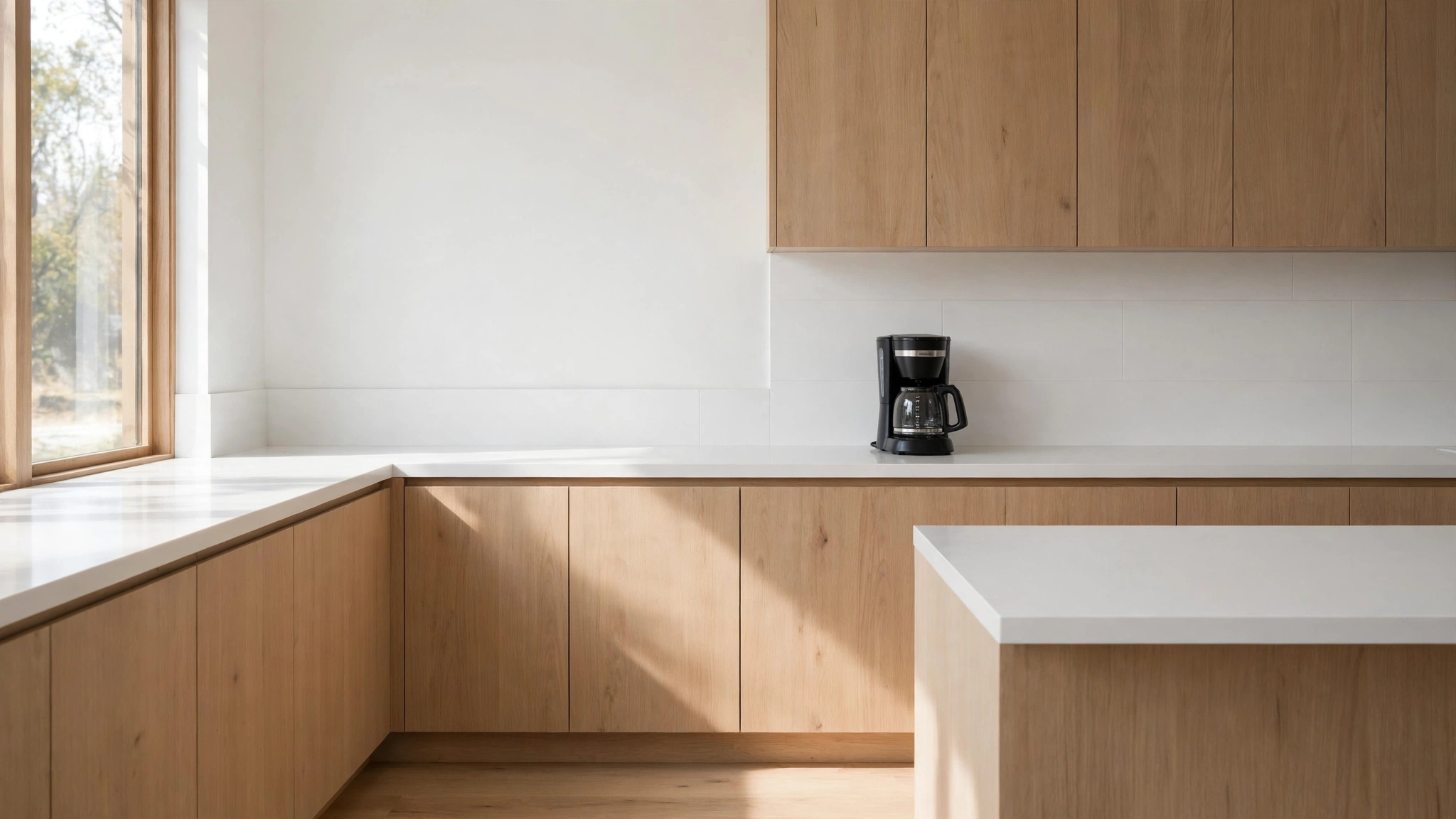 Minimalist kitchen design ideas with completely clear counters and calm workspace