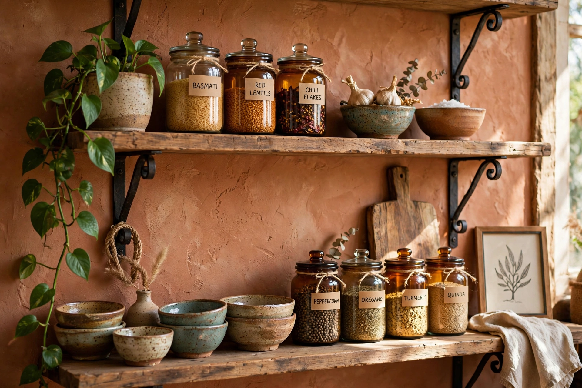 Boho kitchen design ideas with open wood shelves styled with handmade bowls, amber glass jars, trailing plants and a leaning cutting board
