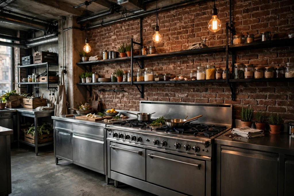 Industrial kitchen design ideas with exposed brick accent wall behind black open shelving and a stainless steel range