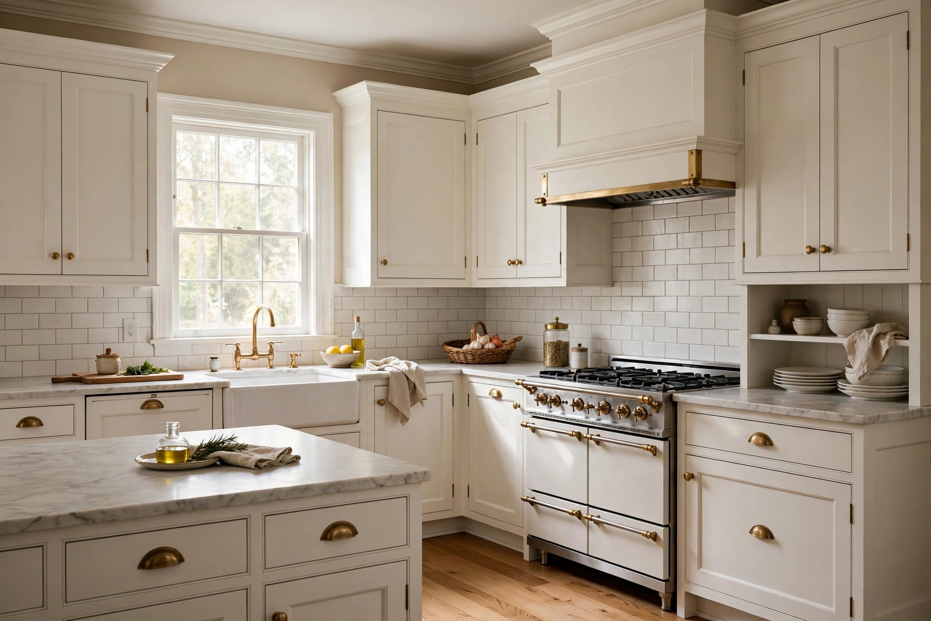 Traditional kitchen design ideas with white shaker cabinets, crown molding and warm brass cup pulls