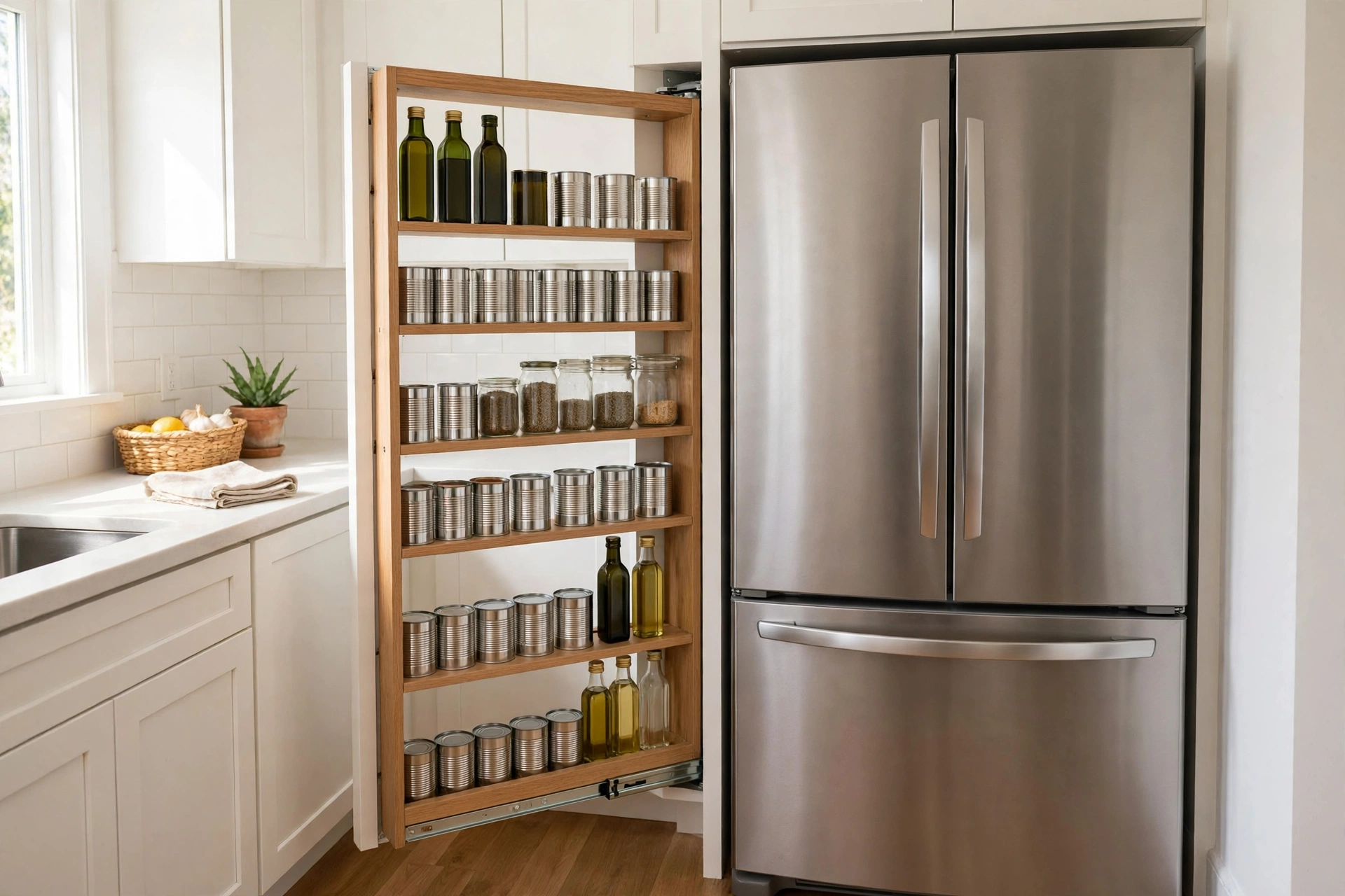 Slim pull-out pantry cabinet gliding out from a narrow gap beside the fridge in a small kitchen