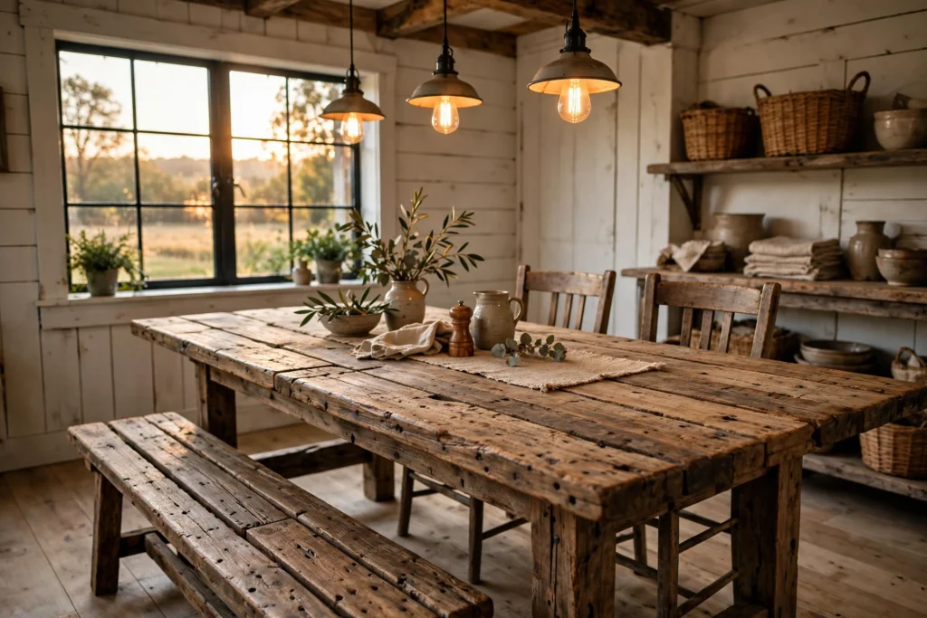 Farmhouse dining room with a large reclaimed wood plank table as the centerpiece