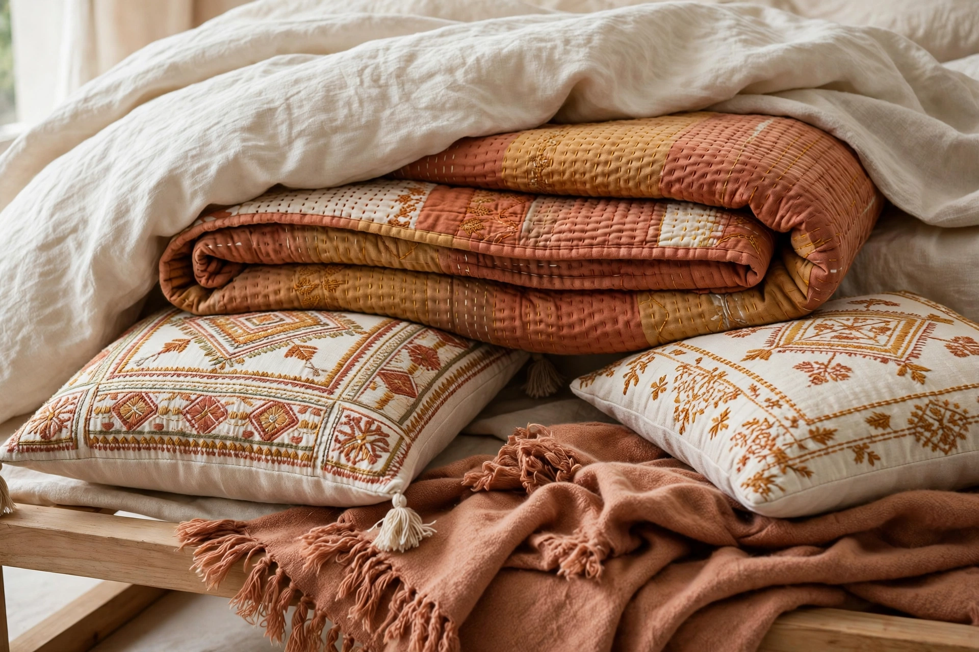 Layered boho bedding with kantha quilt, embroidered cushions and fringed throw