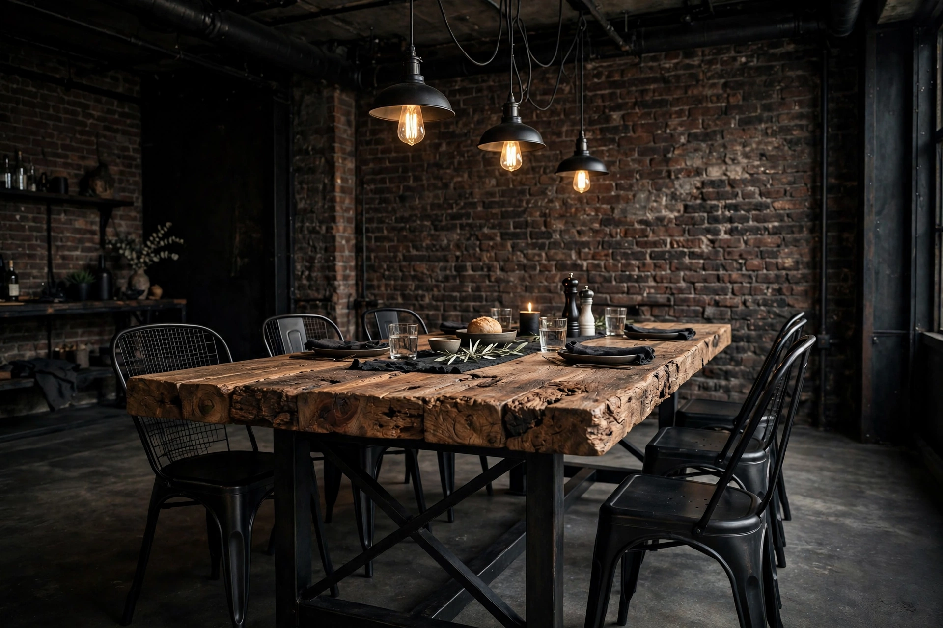 Reclaimed wood dining table with black steel base in an industrial dining room