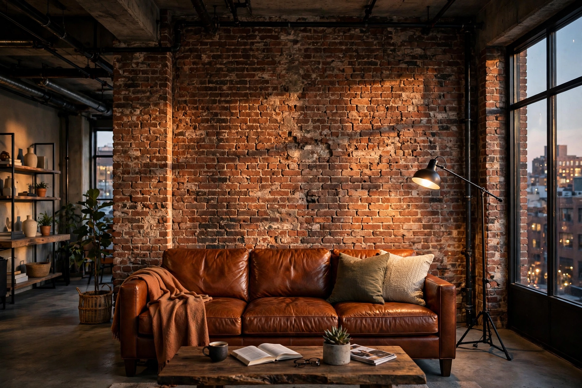 Exposed brick wall as focal point in an industrial living room with leather sofa