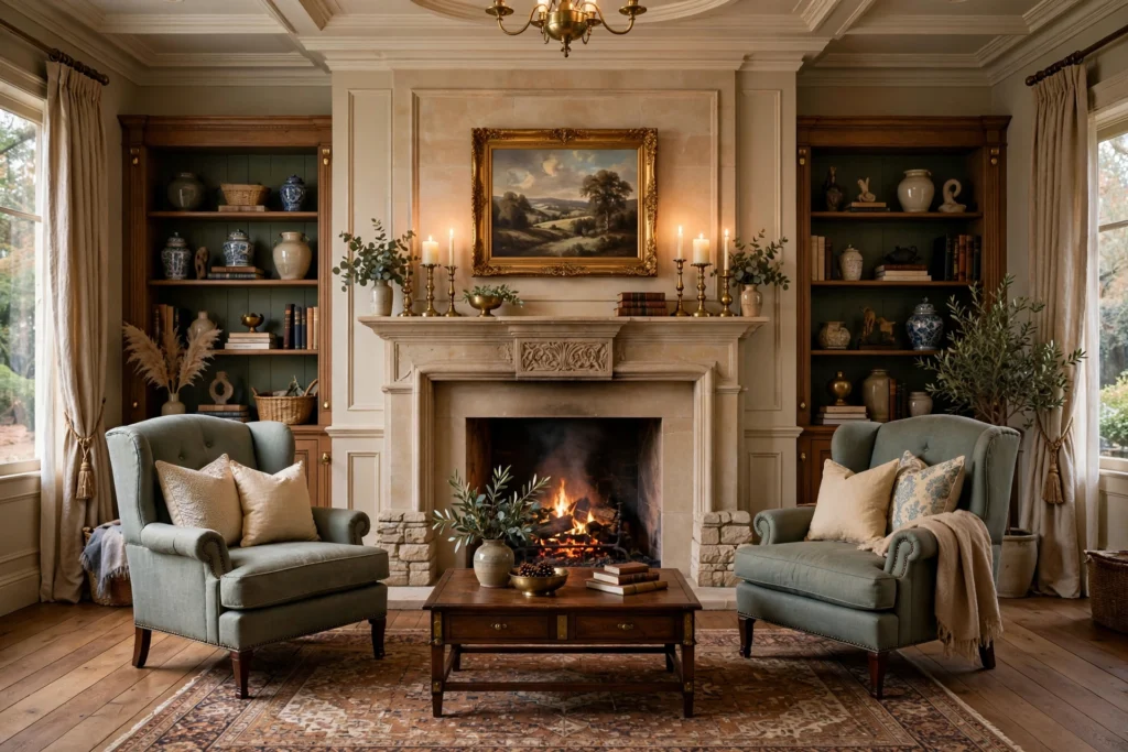 Traditional living room design ideas with an elegant fireplace as the focal point and symmetrical seating