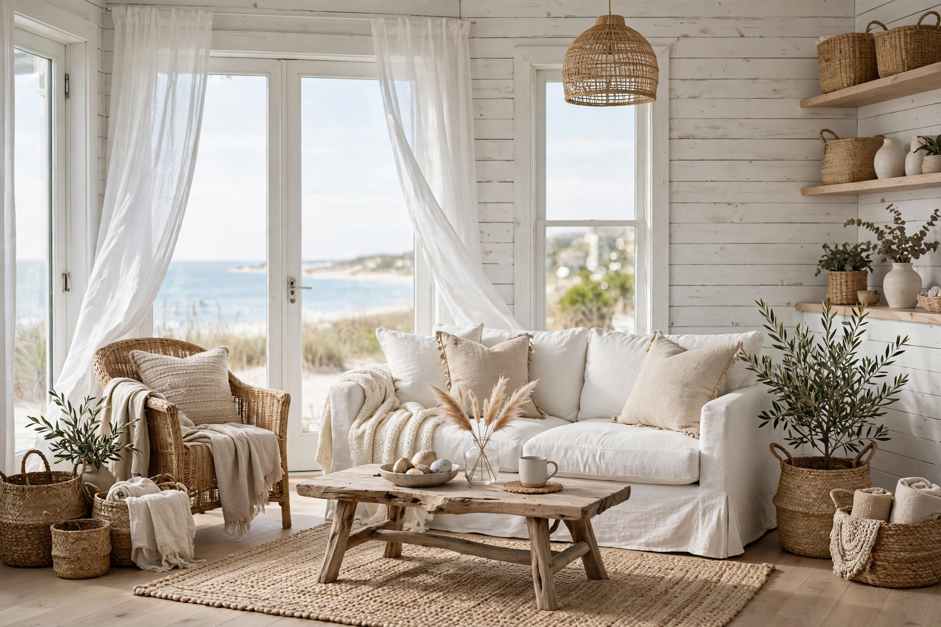 Coastal living room design ideas with a breezy white base, shiplap walls and natural textures