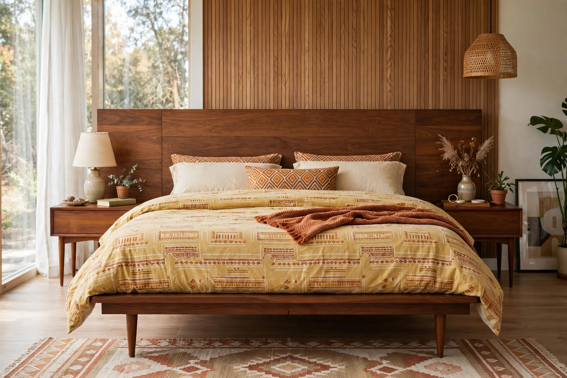 Low-profile mid-century modern platform bed with tapered legs and wide walnut headboard