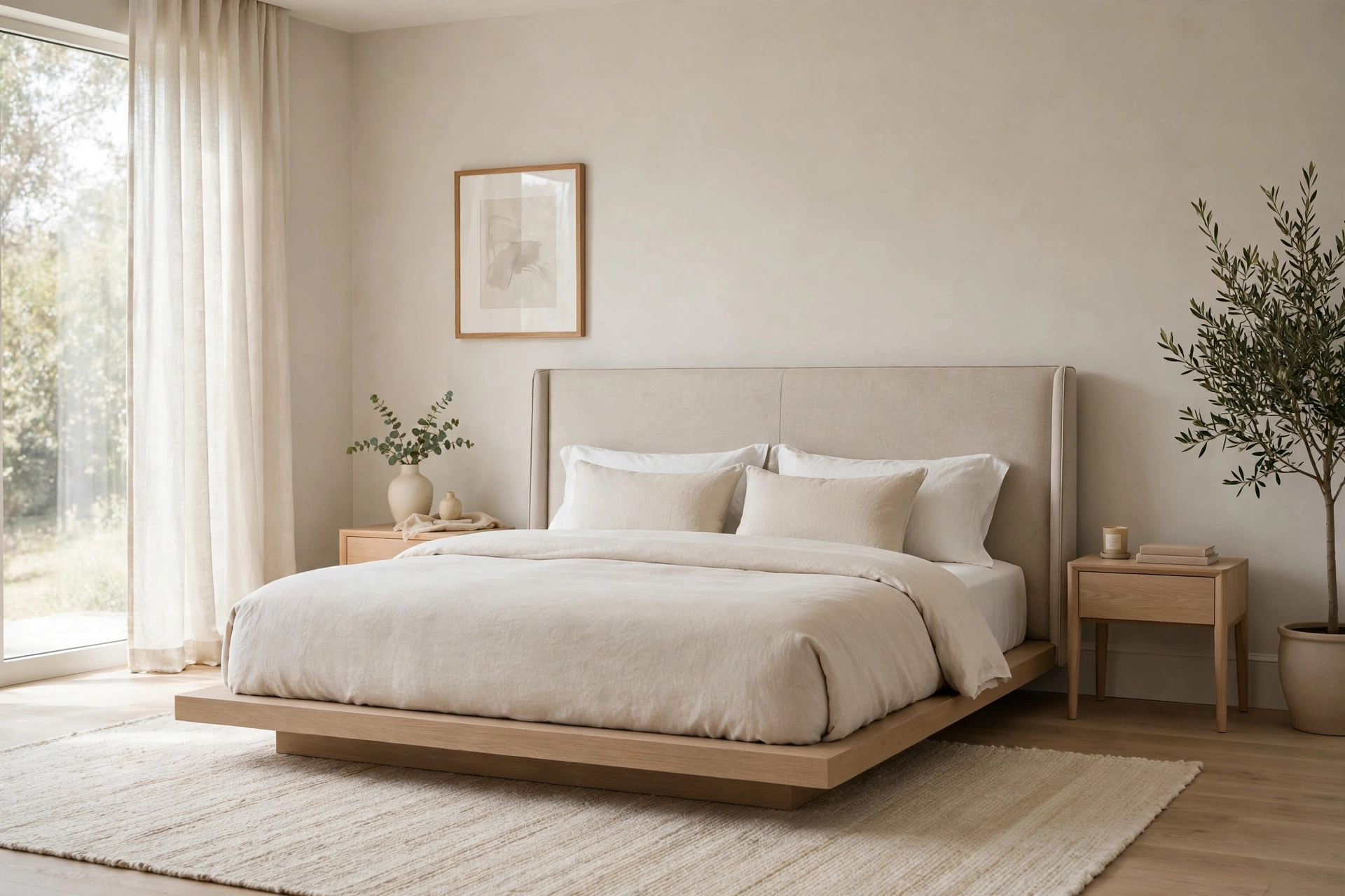 Contemporary bedroom with low clean-lined platform bed and tailored neutral upholstered headboard