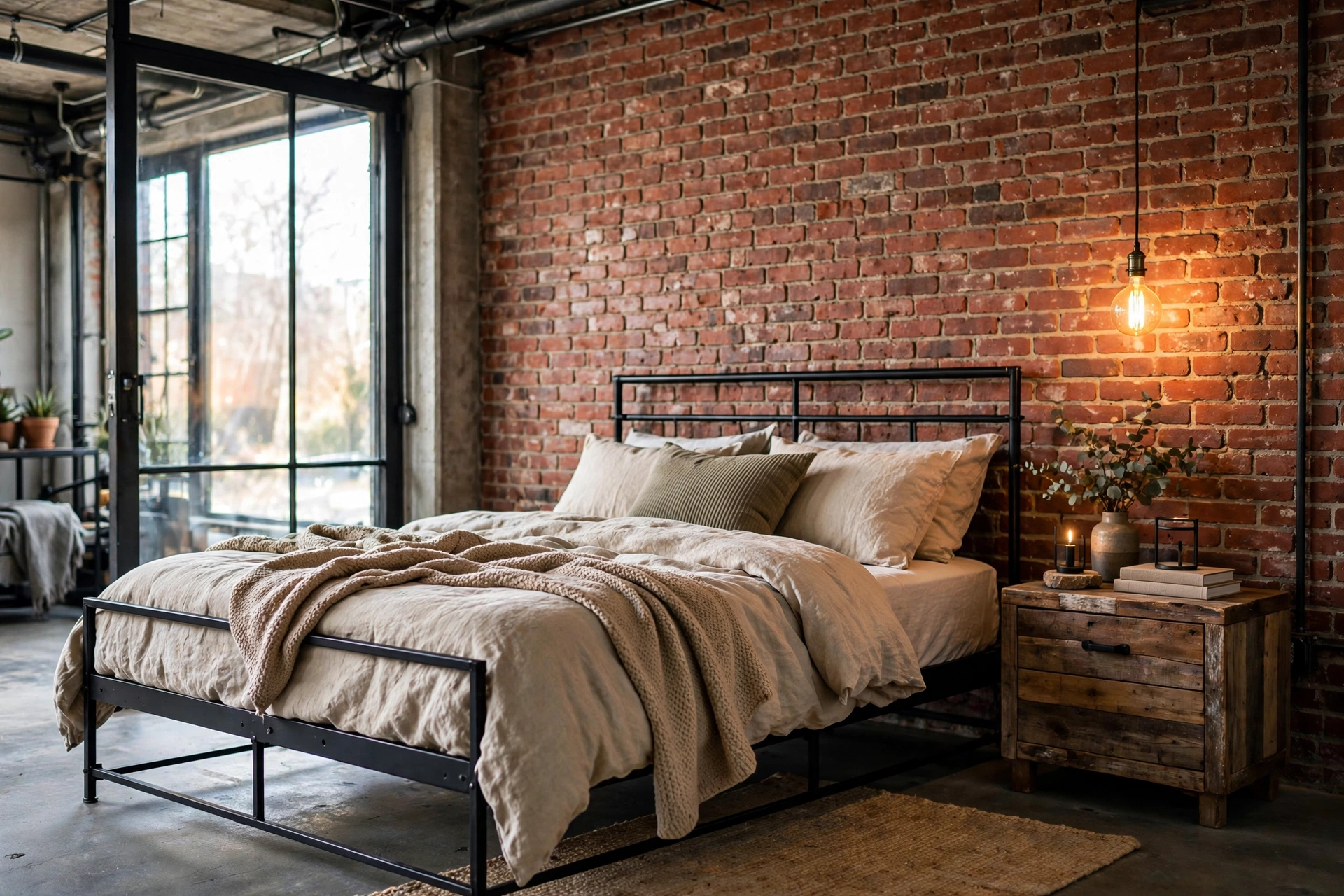 Exposed red brick accent wall behind the bed in an industrial style bedroom